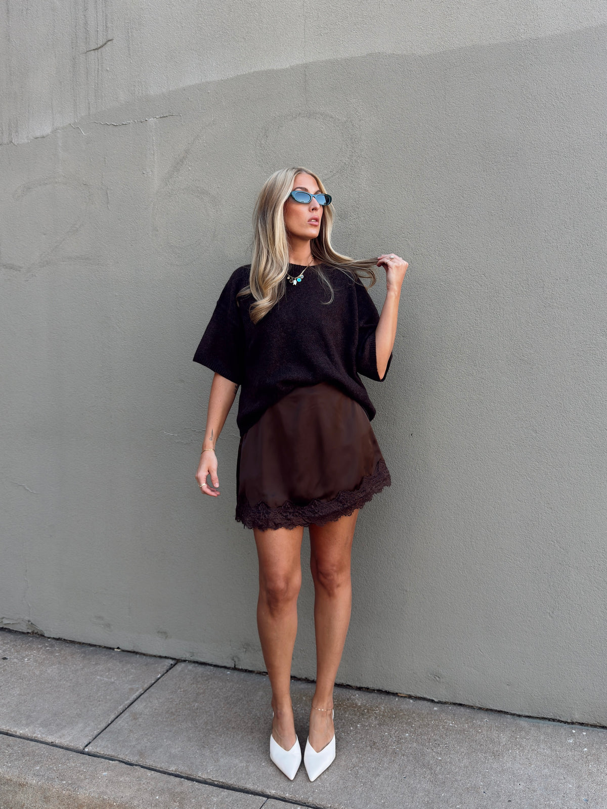 Pre-Order Sabrina Lace Trim Mini Skort - Espresso (restock eta 11/15)