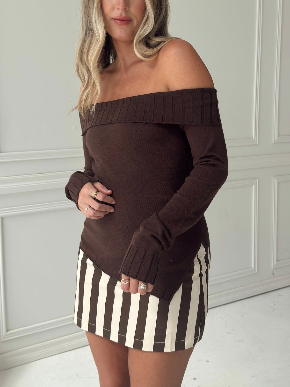Charlotte Foldover Knit Sweater - Chocolate Brown