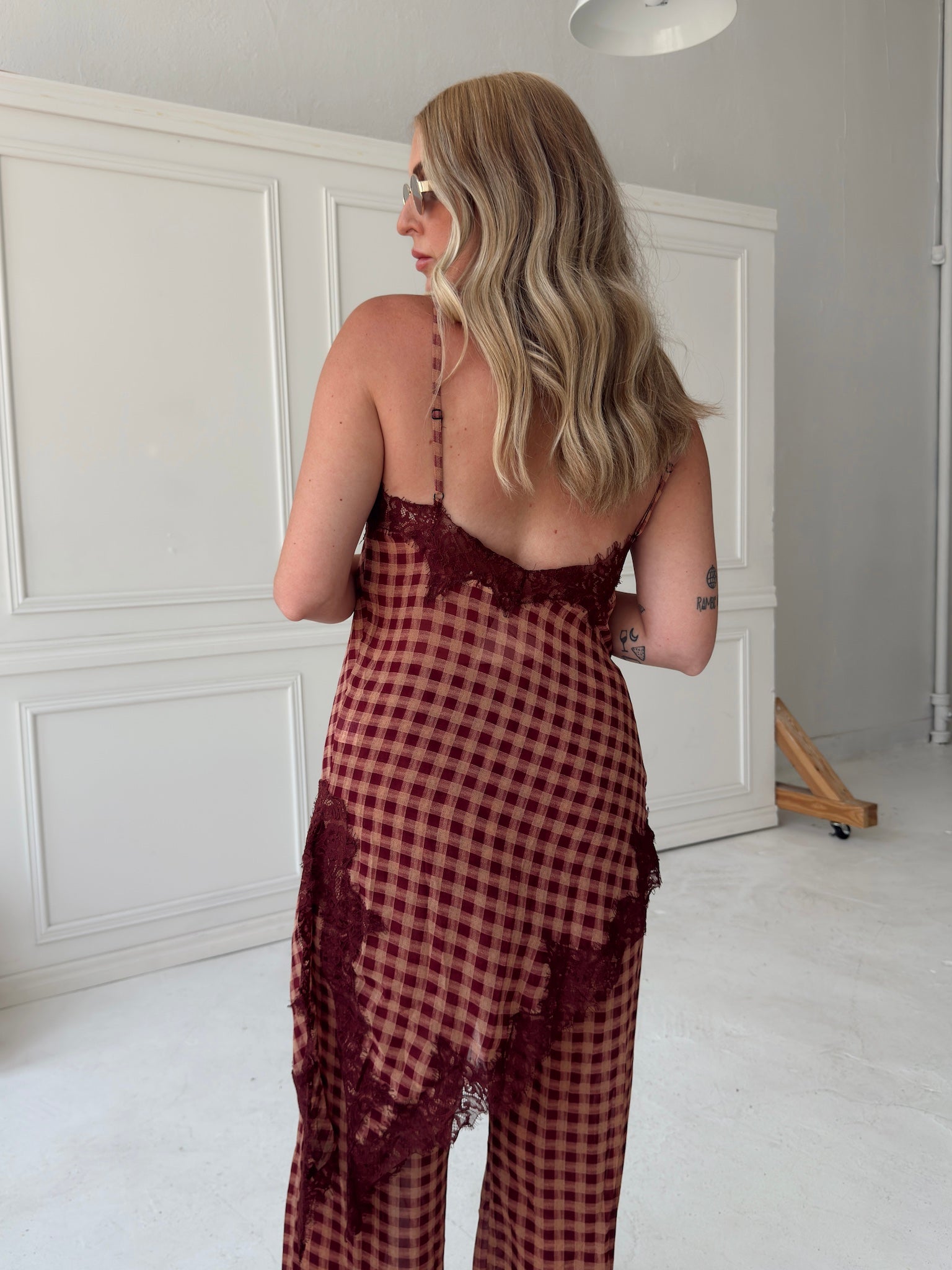 Georgia Gingham Lace Trim Set - Maroon
