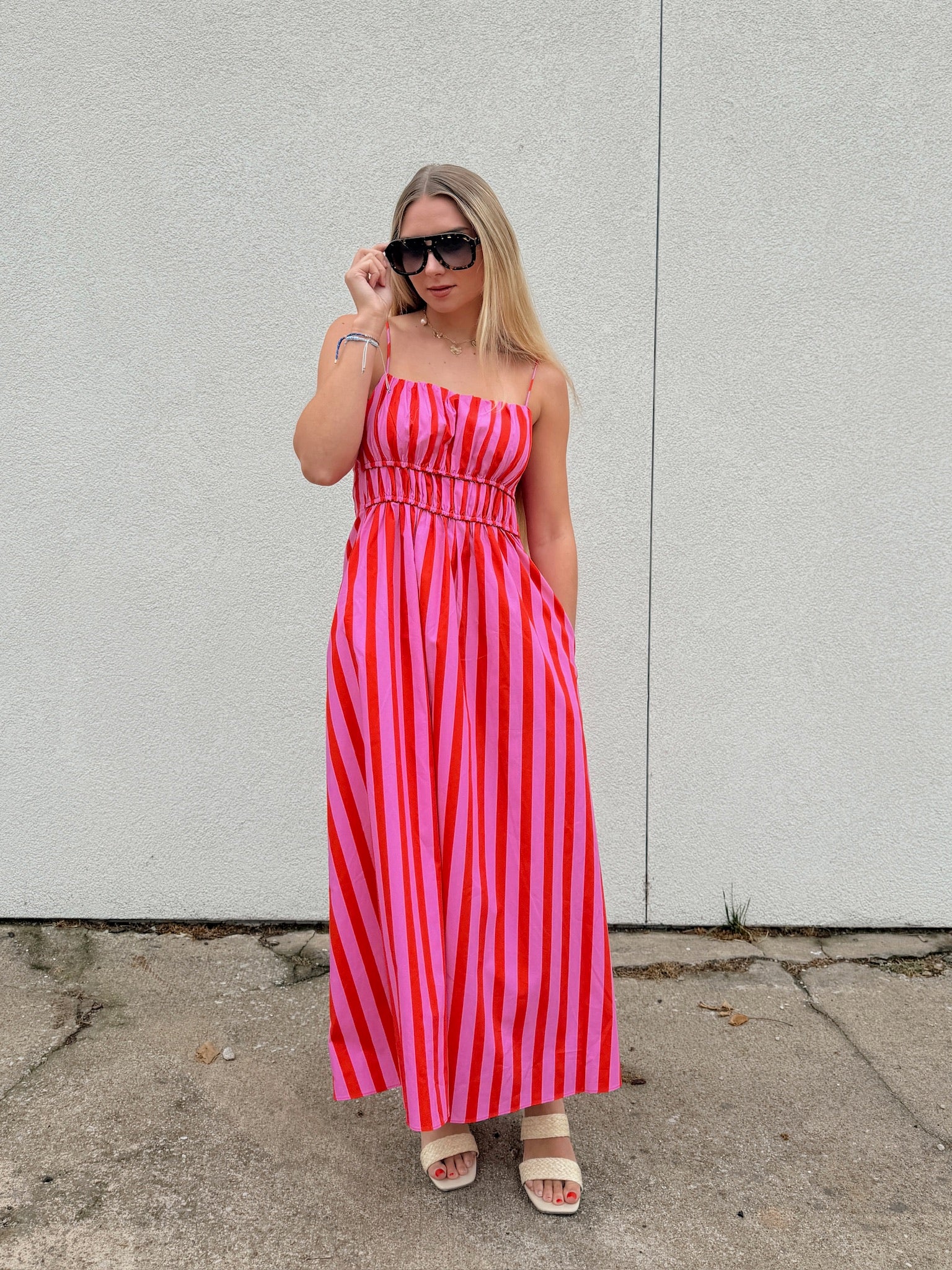English Factory Striped Smocked Waist Midi Dress - Pink/Red