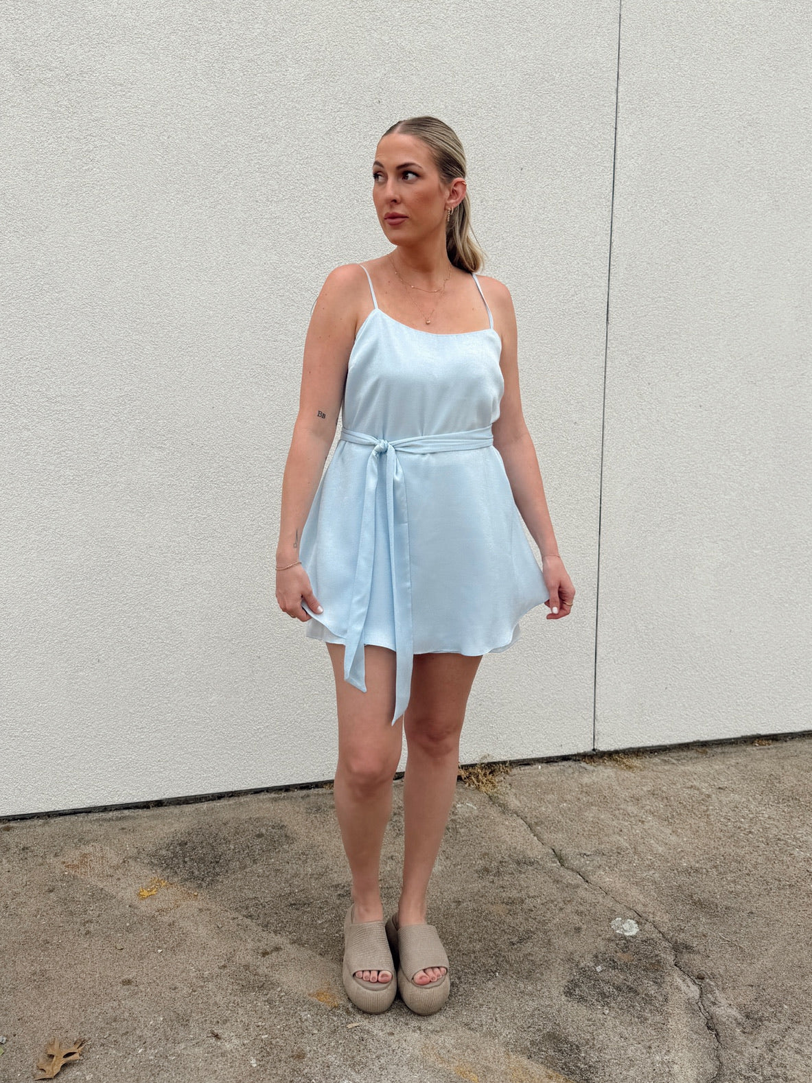 Endless Rose Spaghetti Tie Belted Romper Dress