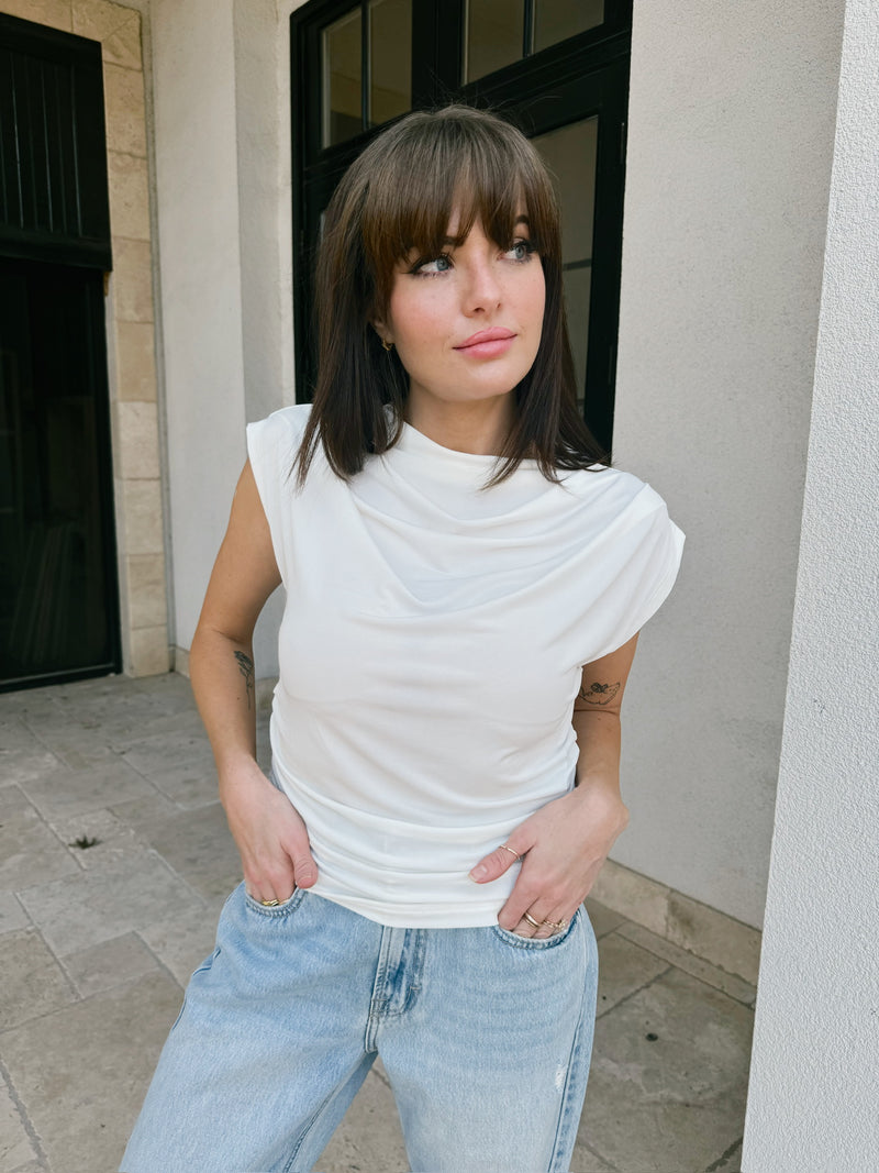 Mock Neck Short Sleeve Ruched Crop Top - White