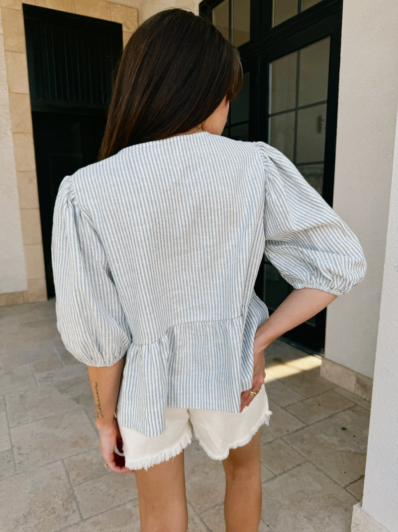 Striped Puff Sleeve Top with Front Bow Detail