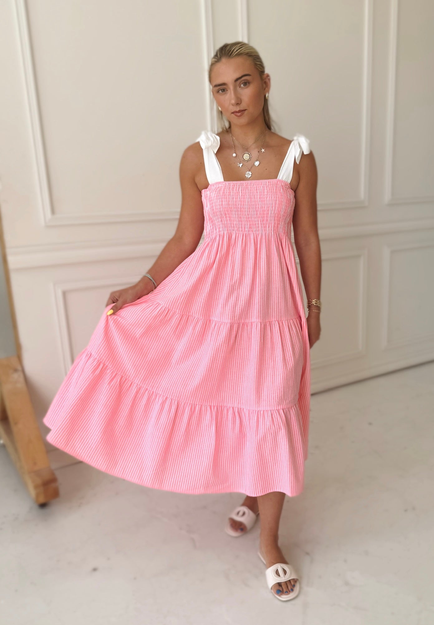 Meet Me in Santorini Coral Stripe Midi Dress