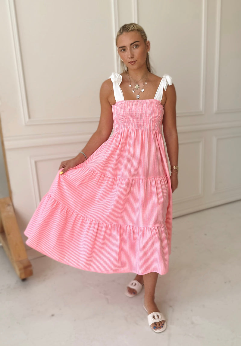 Meet Me in Santorini Coral Stripe Midi Dress