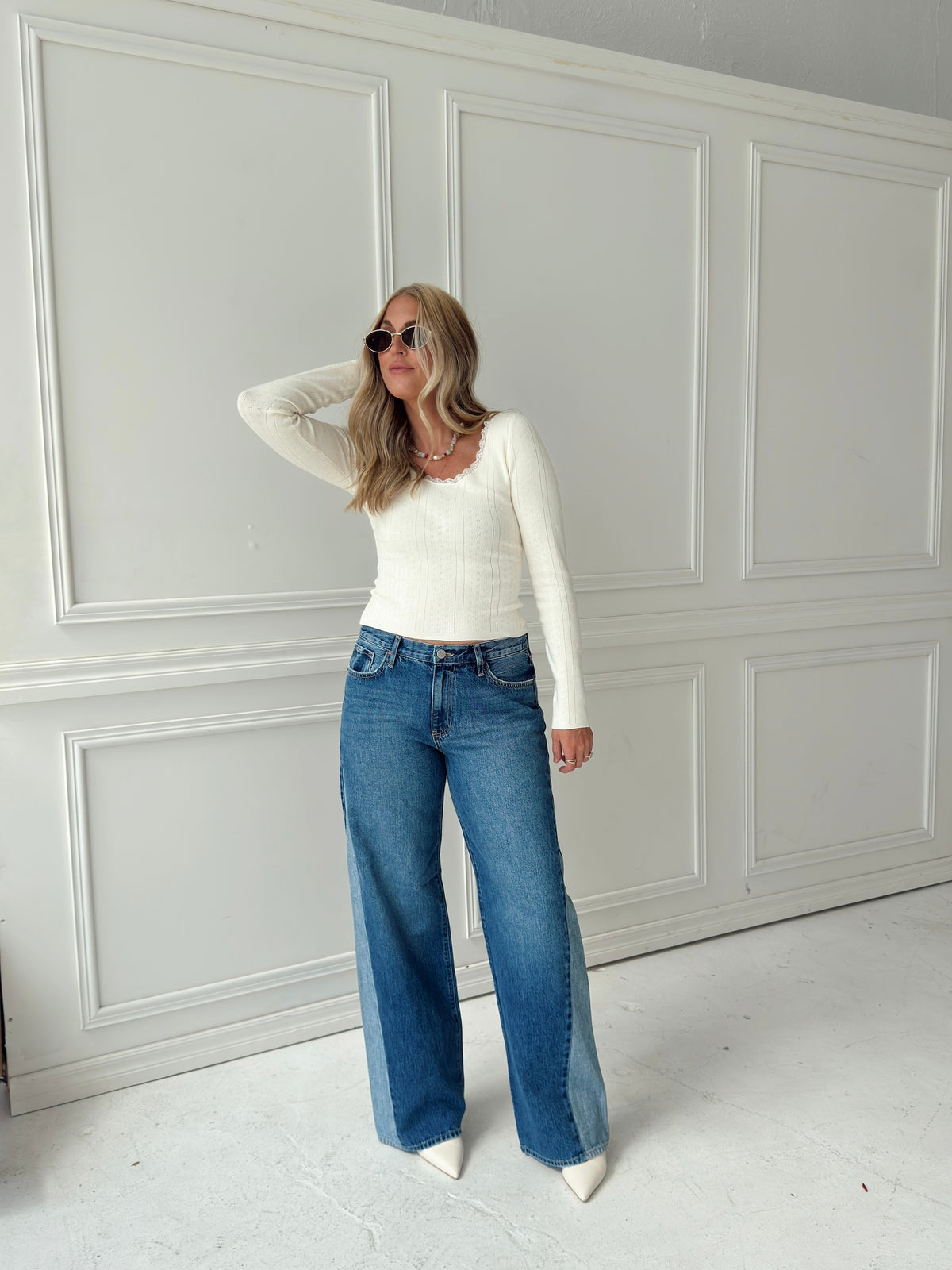 Presley Pointelle Rib Knit Sweater - Ivory