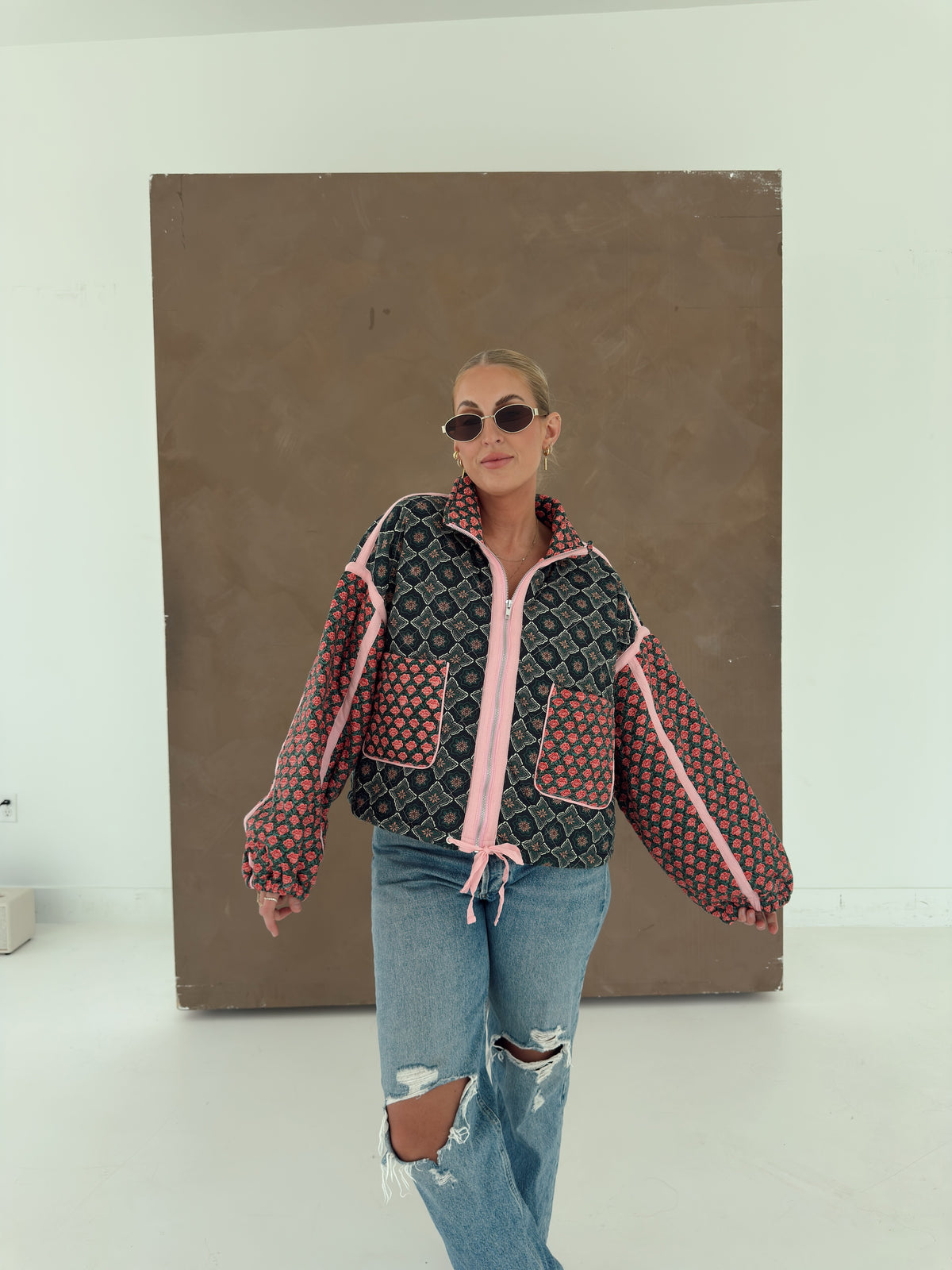 Quinn Quilted Bomber Jacket in Rose Garden
