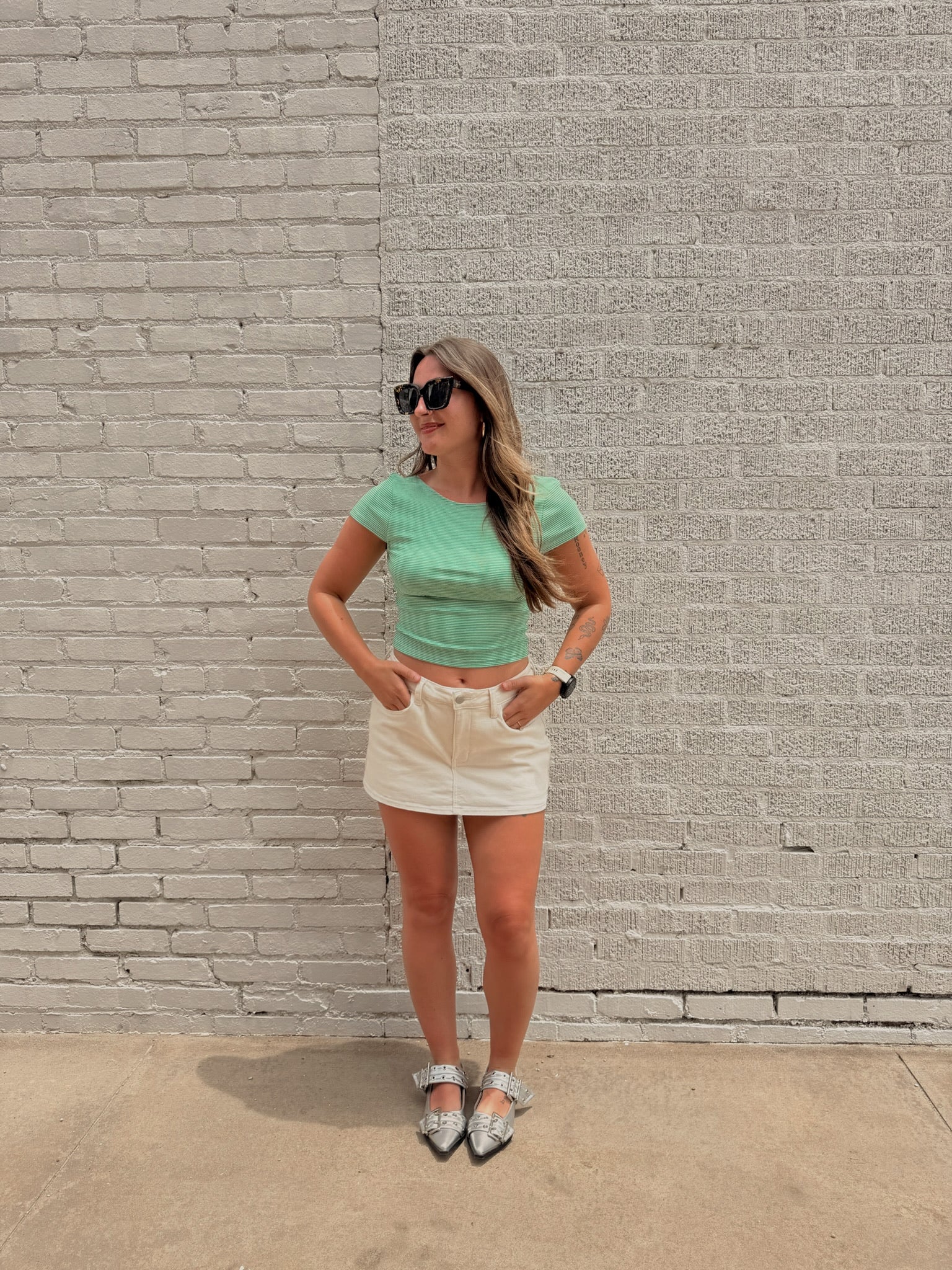 Green Stripe Scoop Back Top