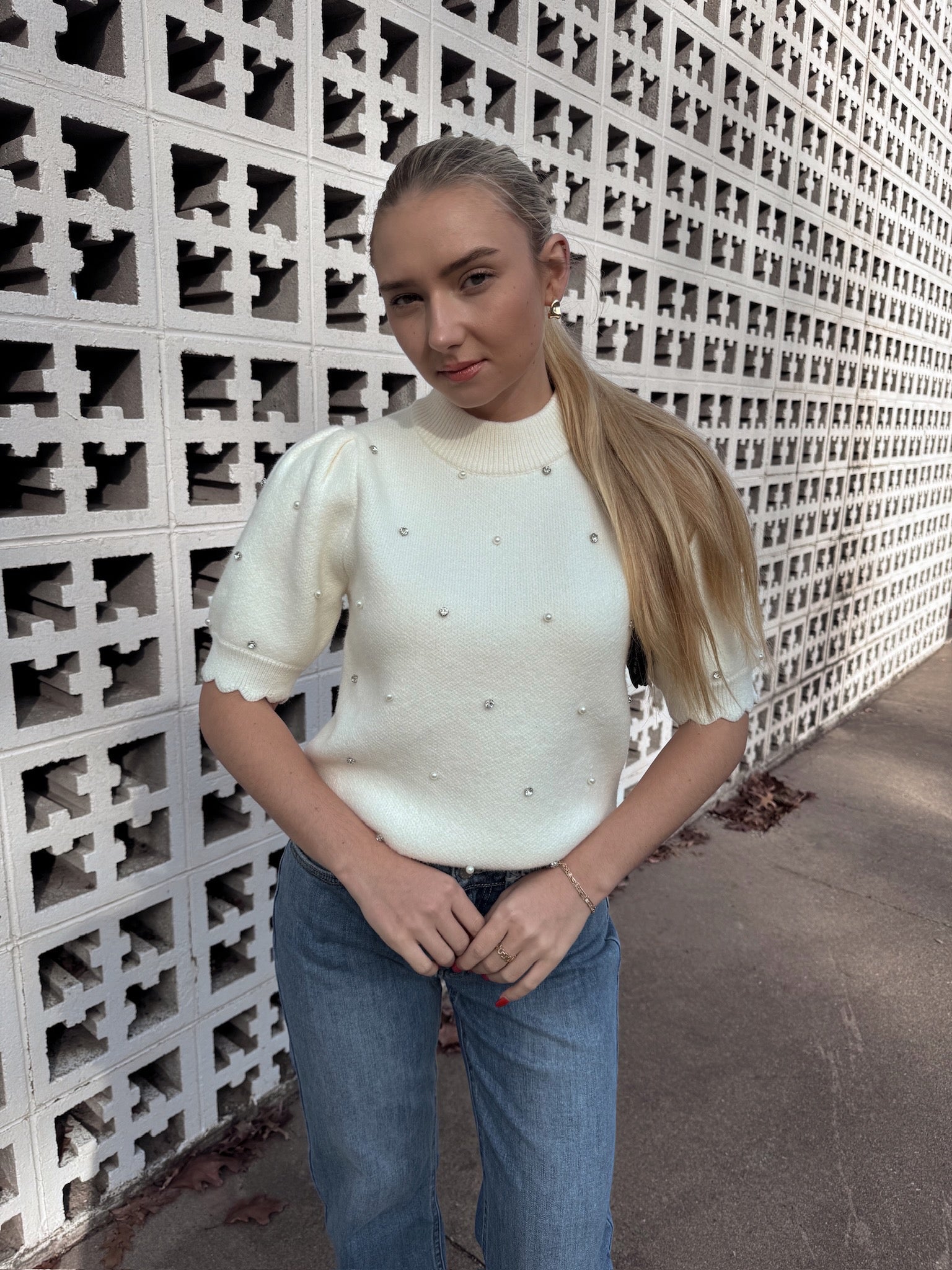 English Factory Scallop Embellishment Sweater