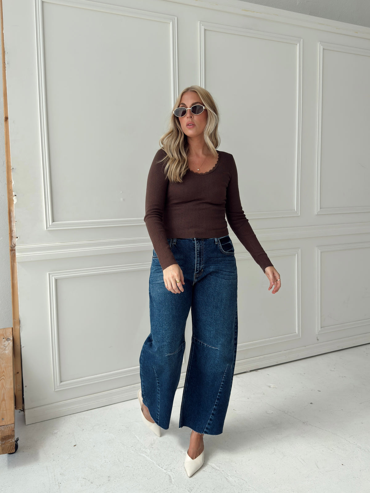 Presley Pointelle Rib Knit Sweater - Brown
