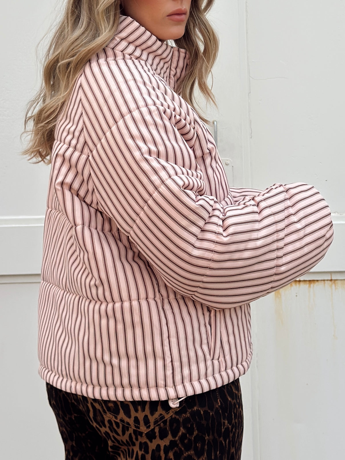 Brown and Blush Striped Puffer Jacket
