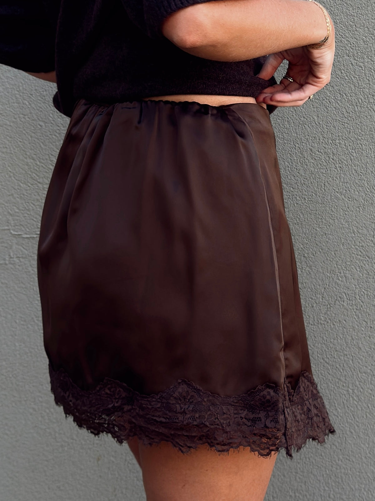Pre-Order Sabrina Lace Trim Mini Skort - Espresso (restock eta 11/15)