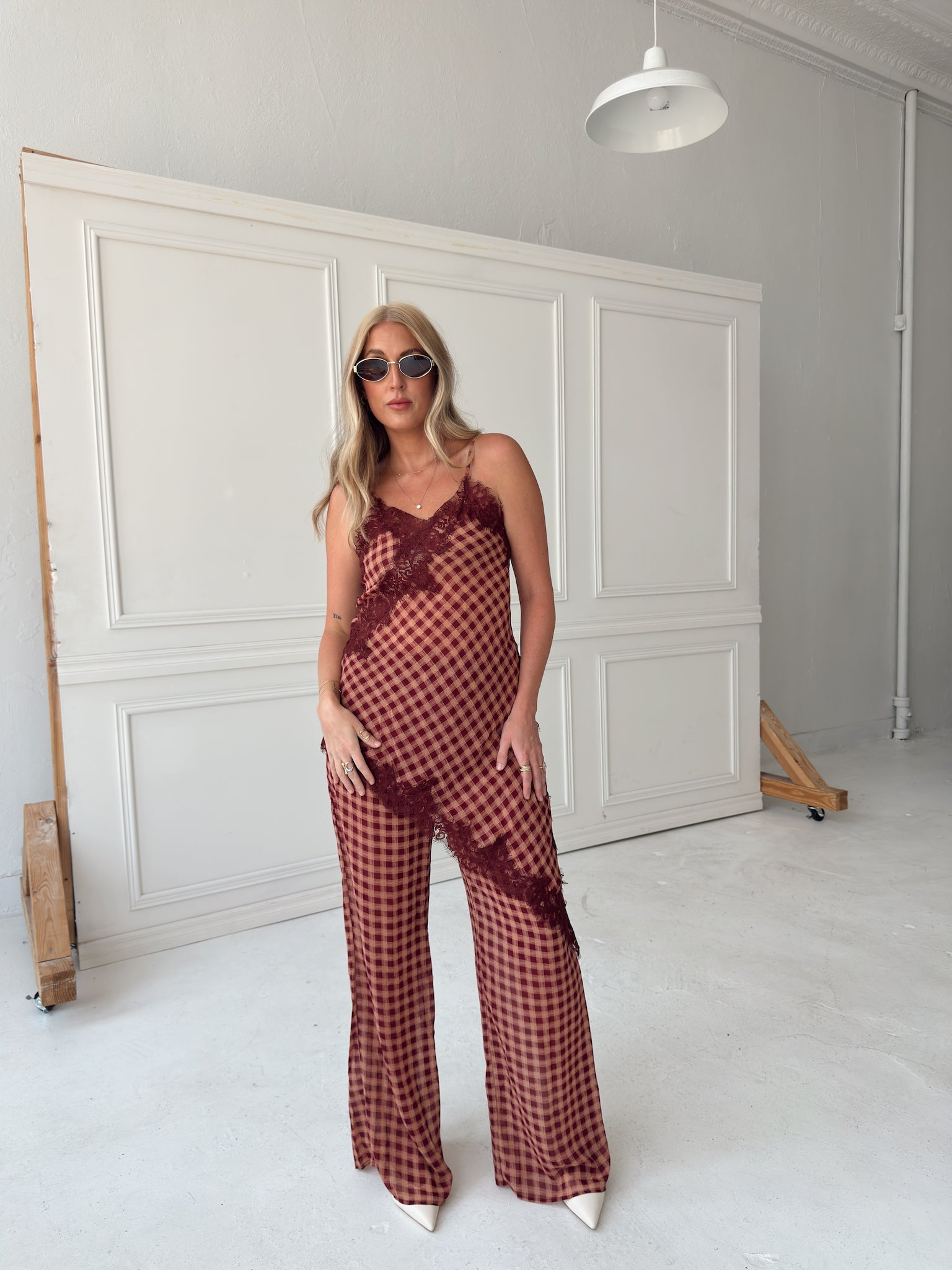Georgia Gingham Lace Trim Set - Maroon