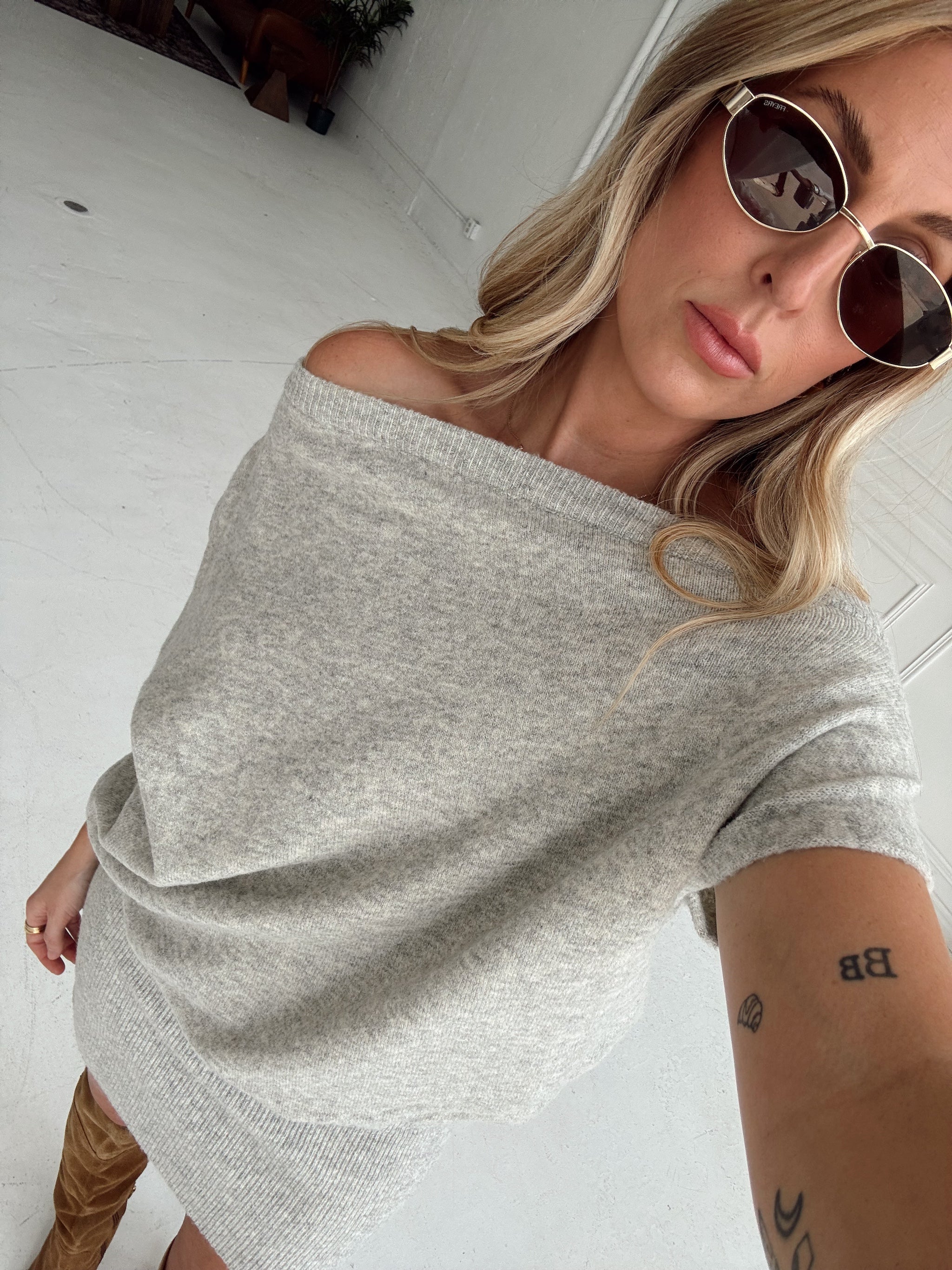 Lauren Off Shoulder Drop Waist Sweater Dress - Heather Grey