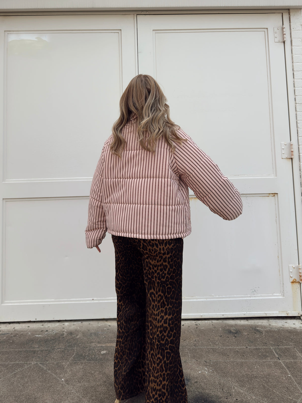 Brown and Blush Striped Puffer Jacket