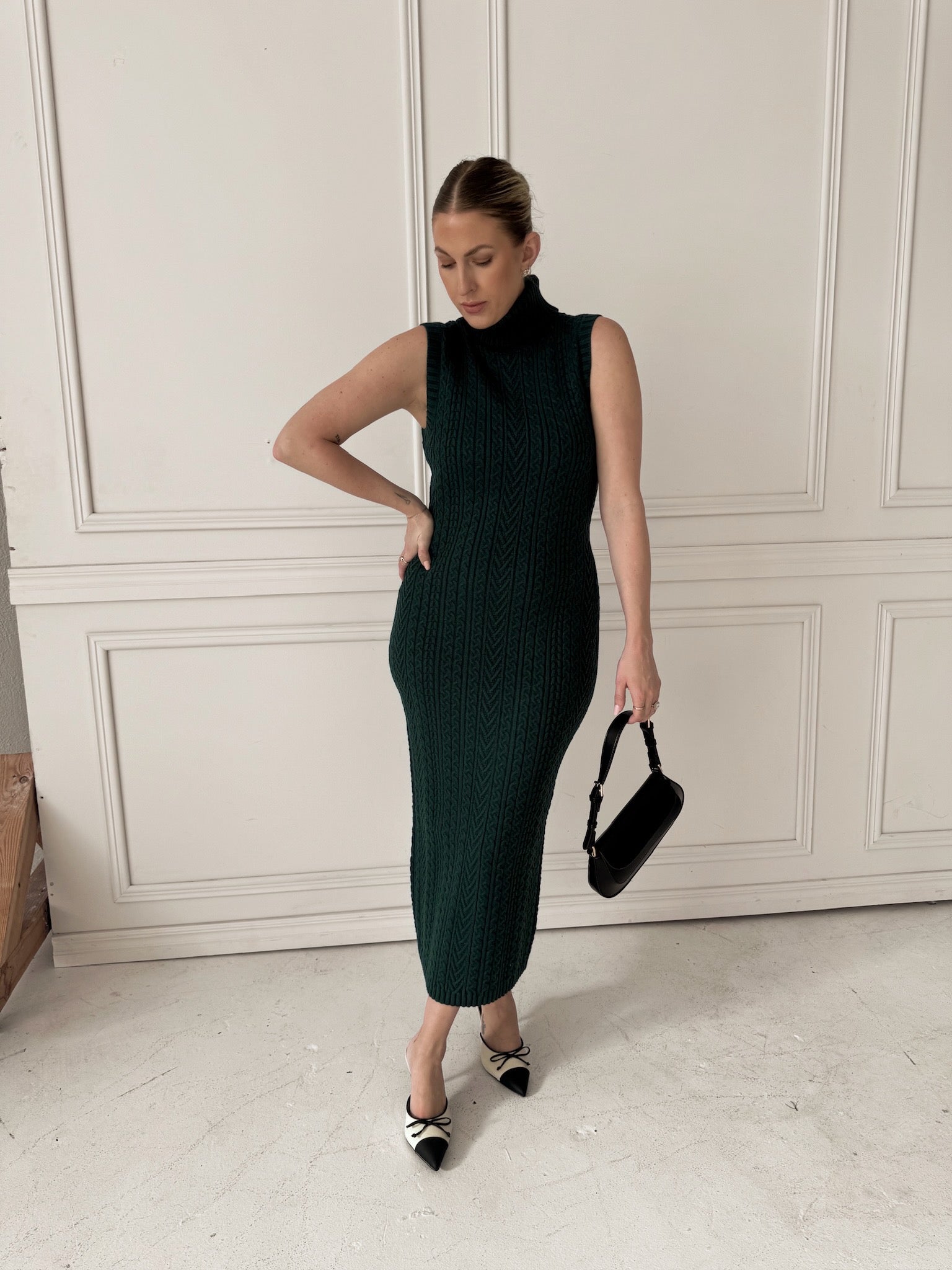 English Factory Cable Knit Mock Neck Midi Dress