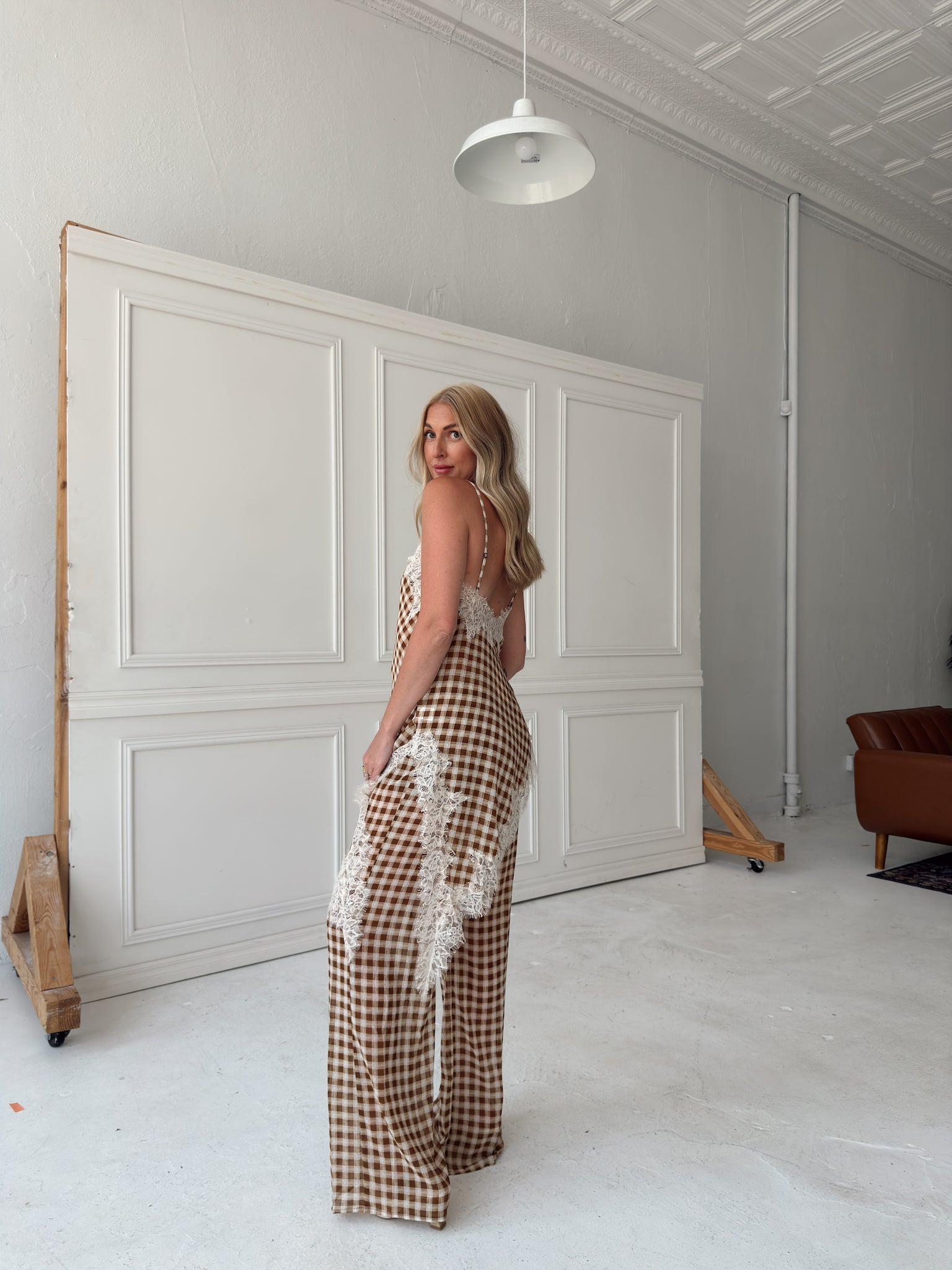 Georgia Gingham Lace Trim Set - Camel