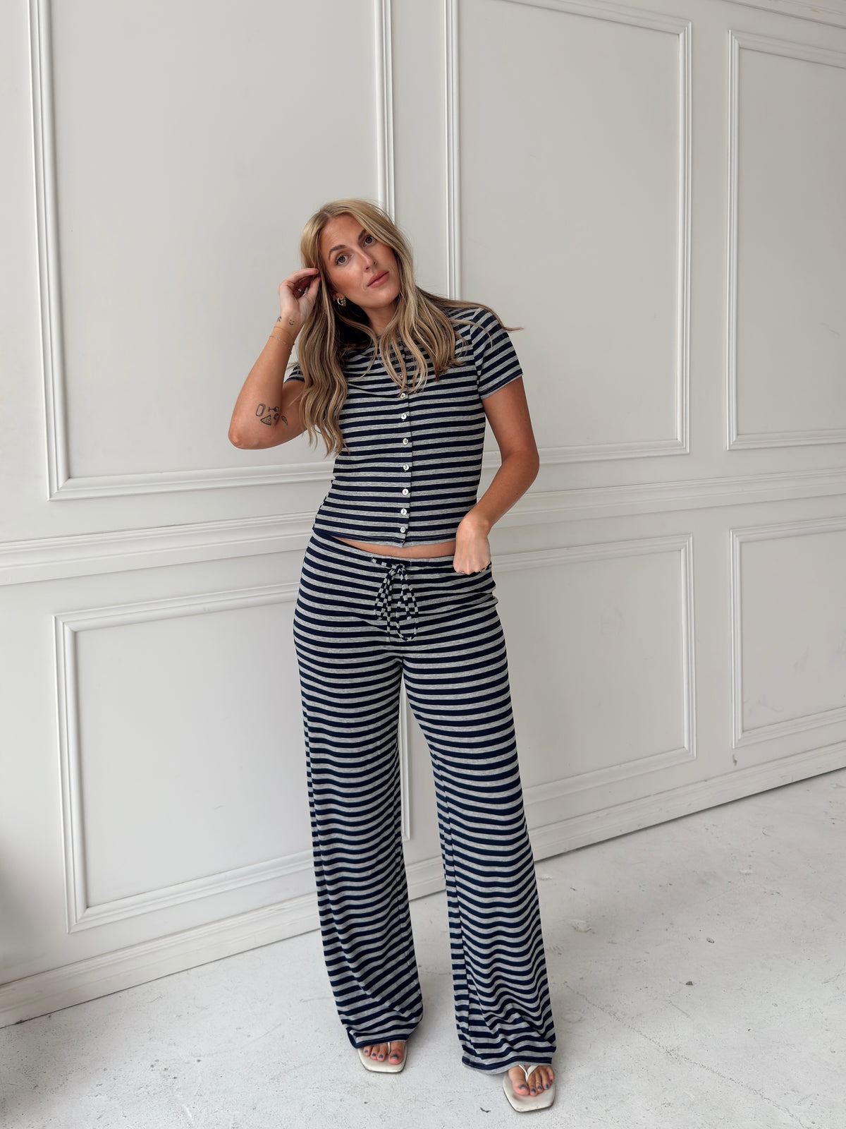Brady Striped Button Up Top - Navy/Grey