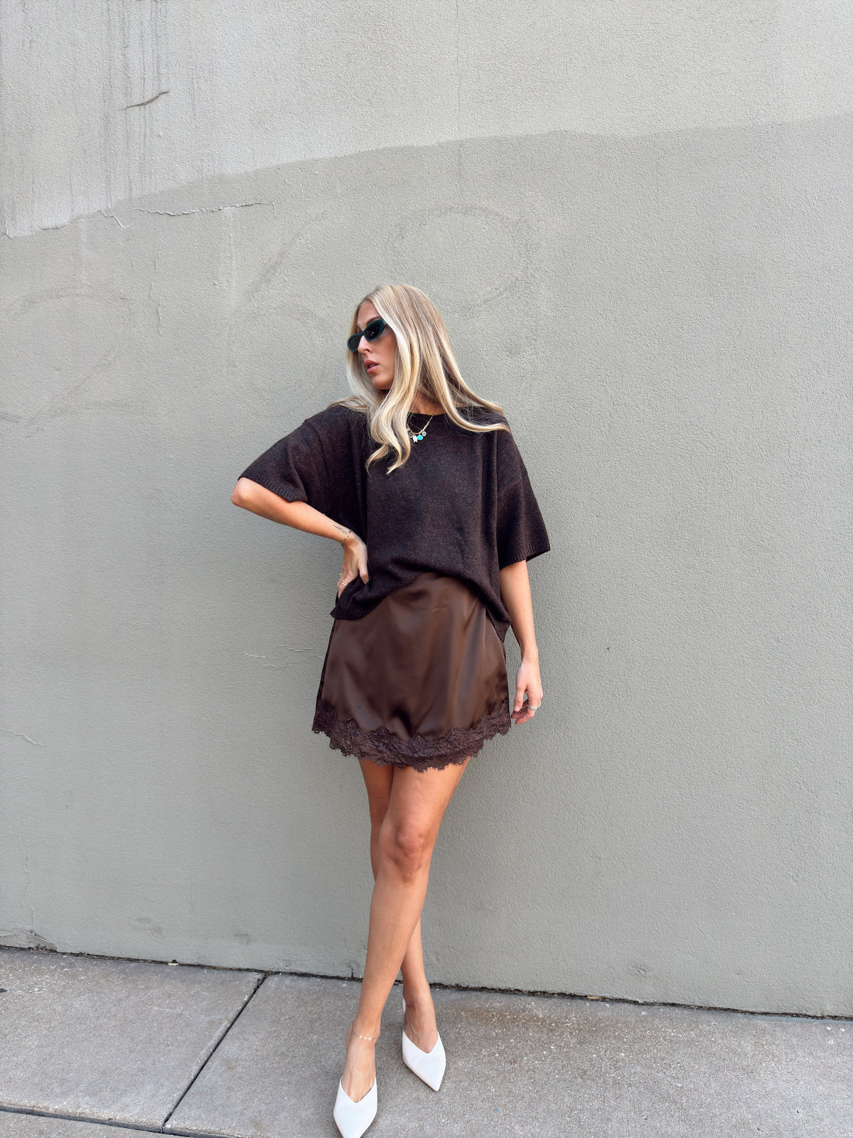 Pre-Order Sabrina Lace Trim Mini Skort - Espresso (restock eta 11/15)