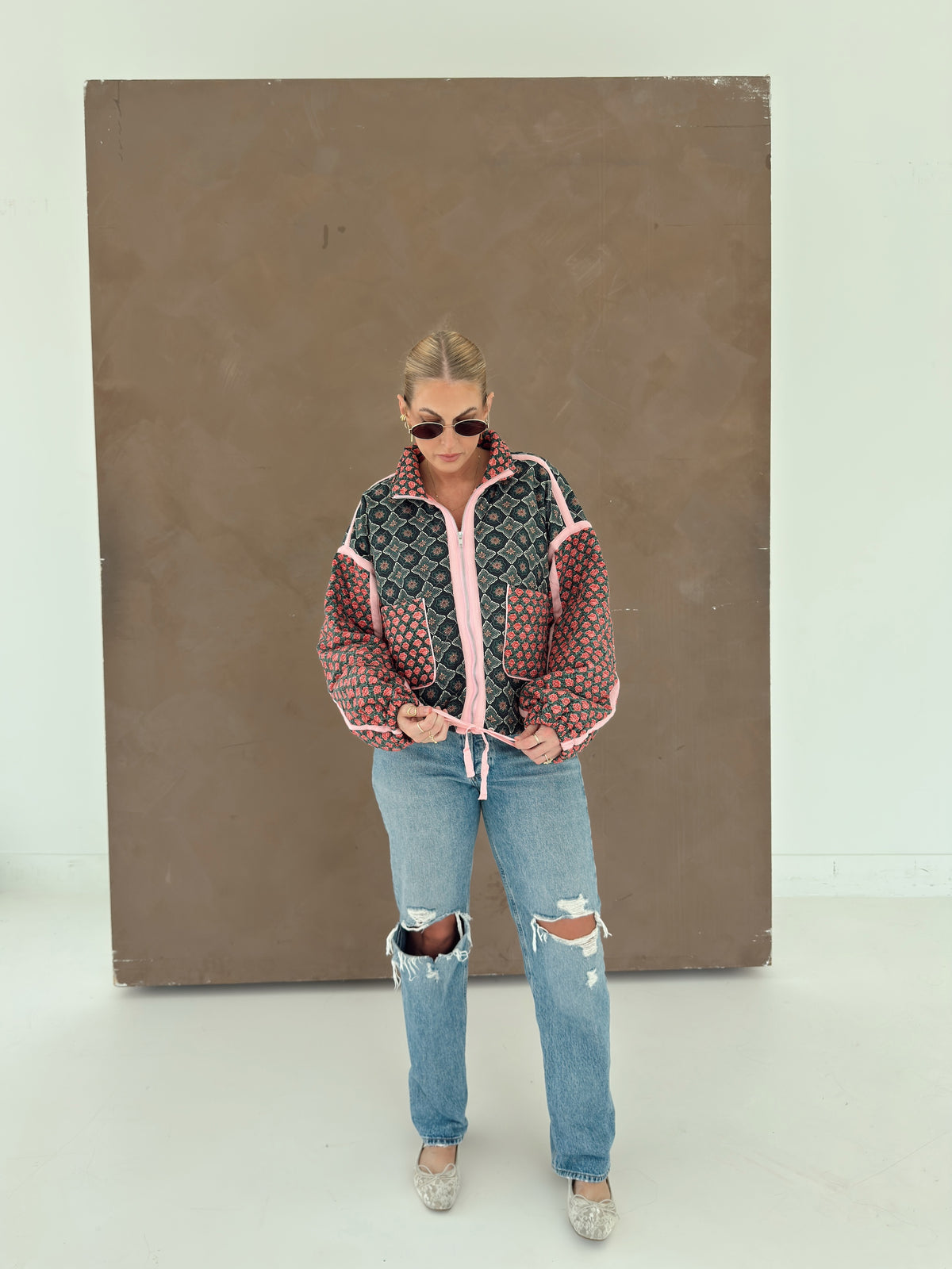 Quinn Quilted Bomber Jacket in Rose Garden