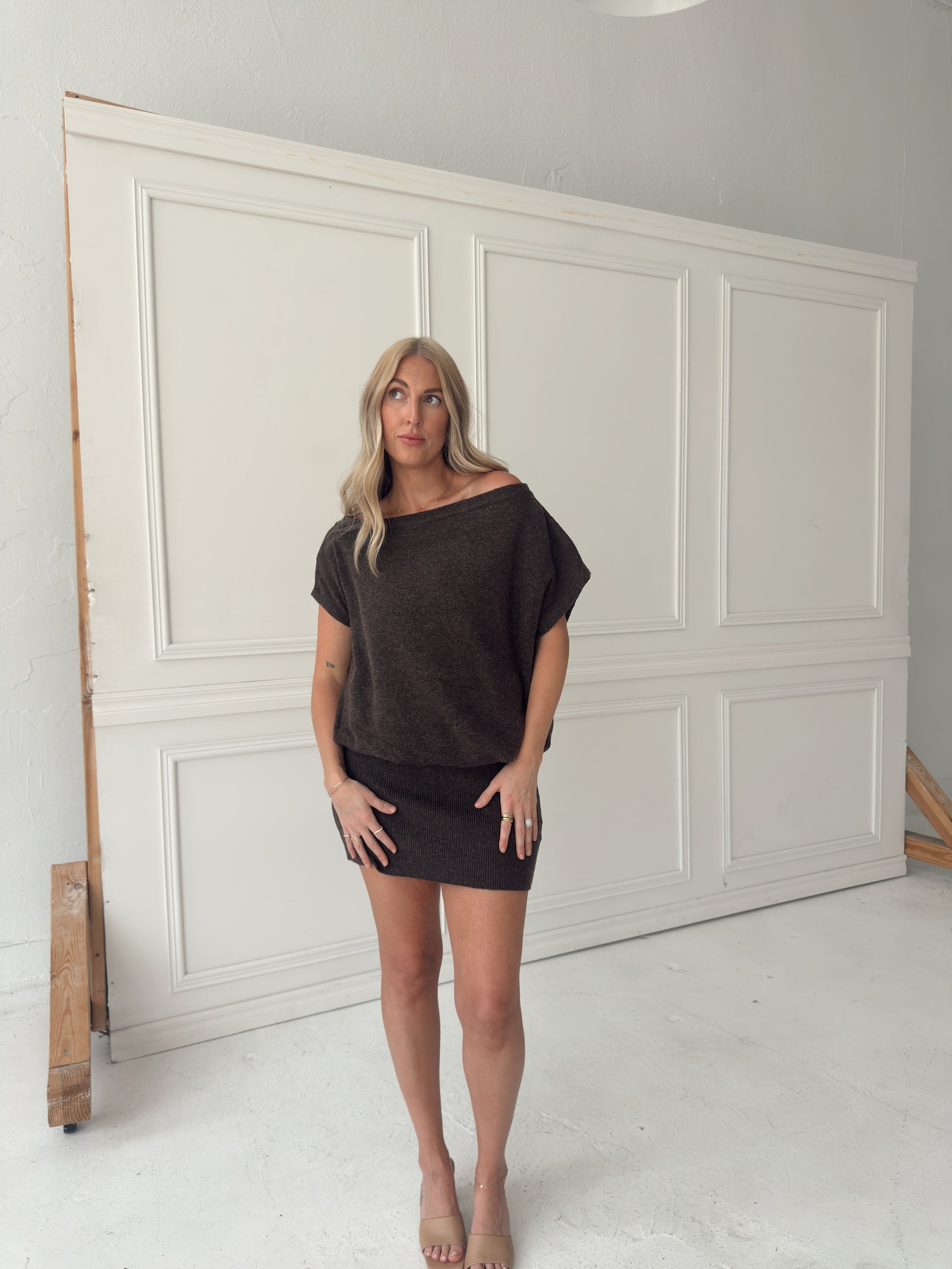 Lauren Off Shoulder Drop Waist Sweater Dress - Brown