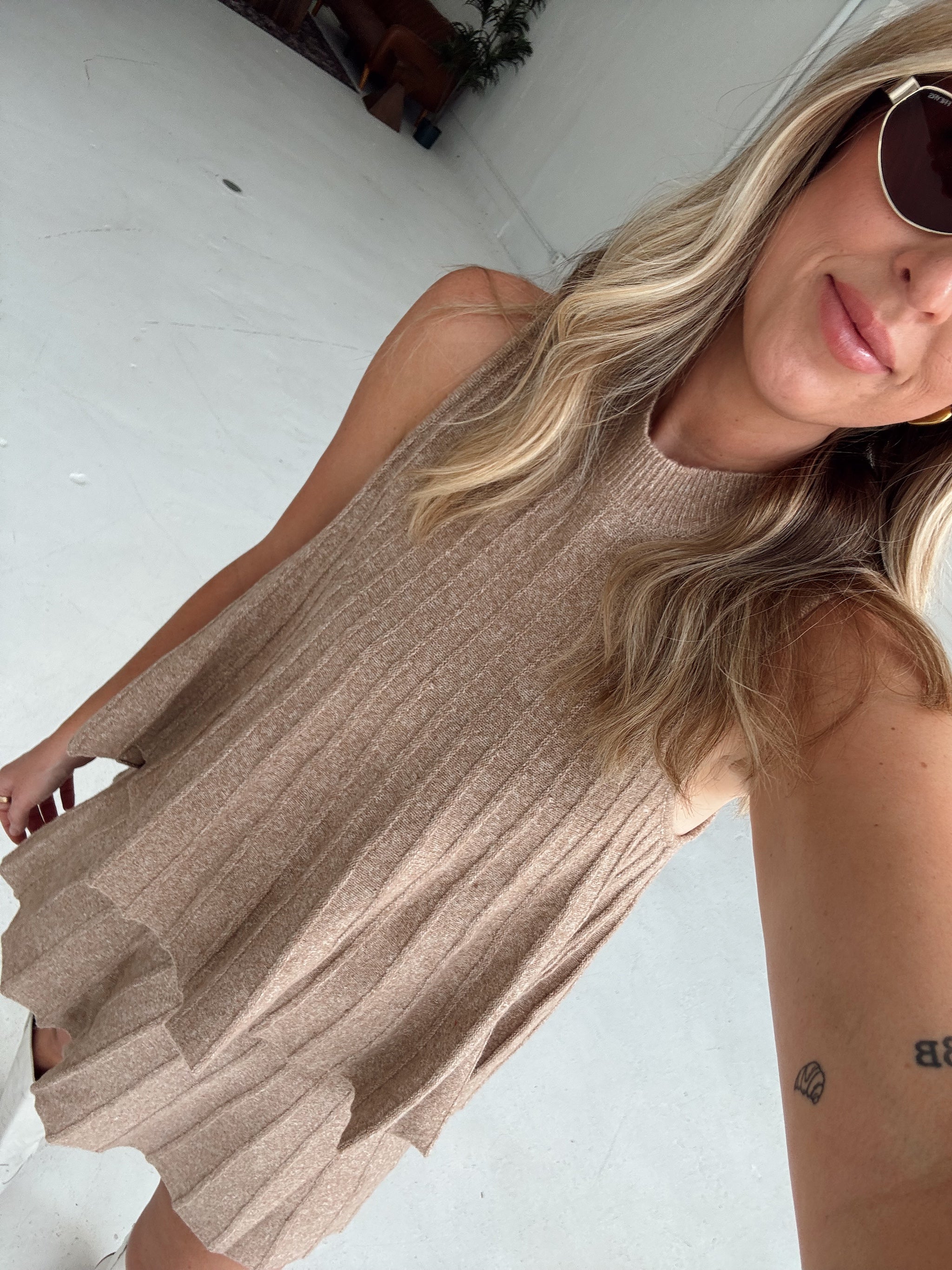 Rylan Ribbed Sweater Top With Flared Hem - Mocha