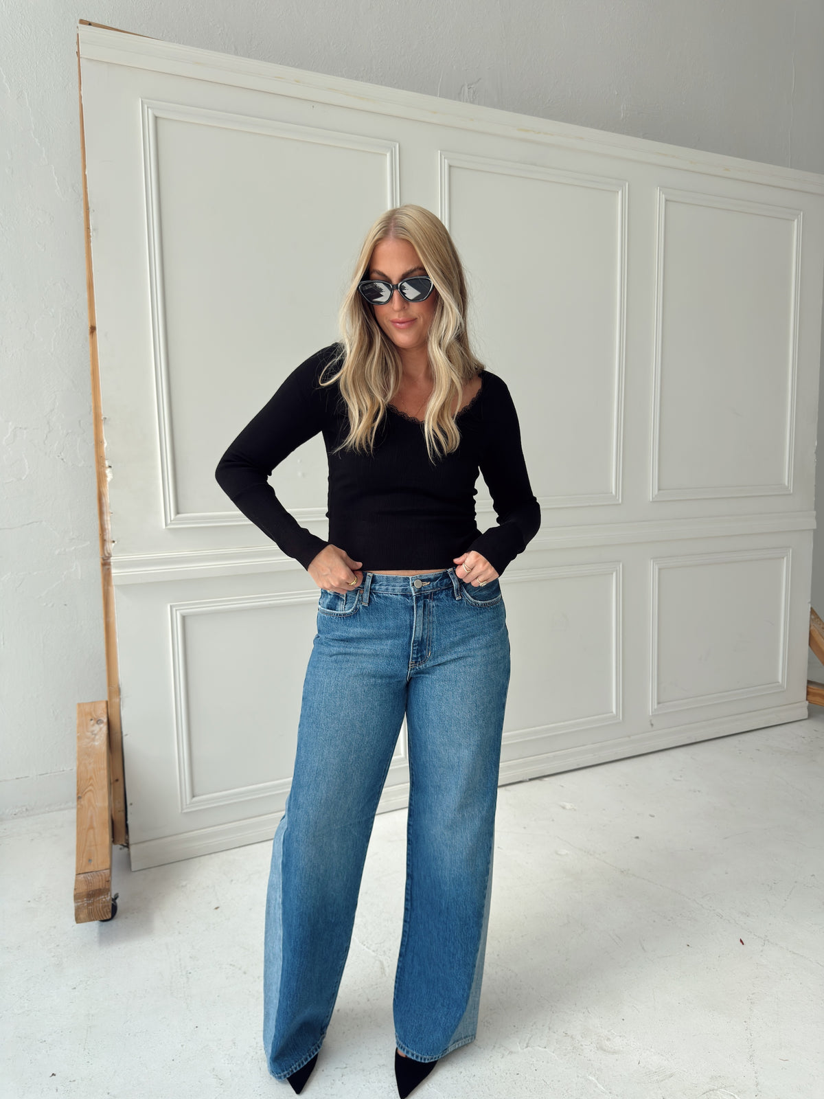 Presley Pointelle Rib Knit Sweater - Black