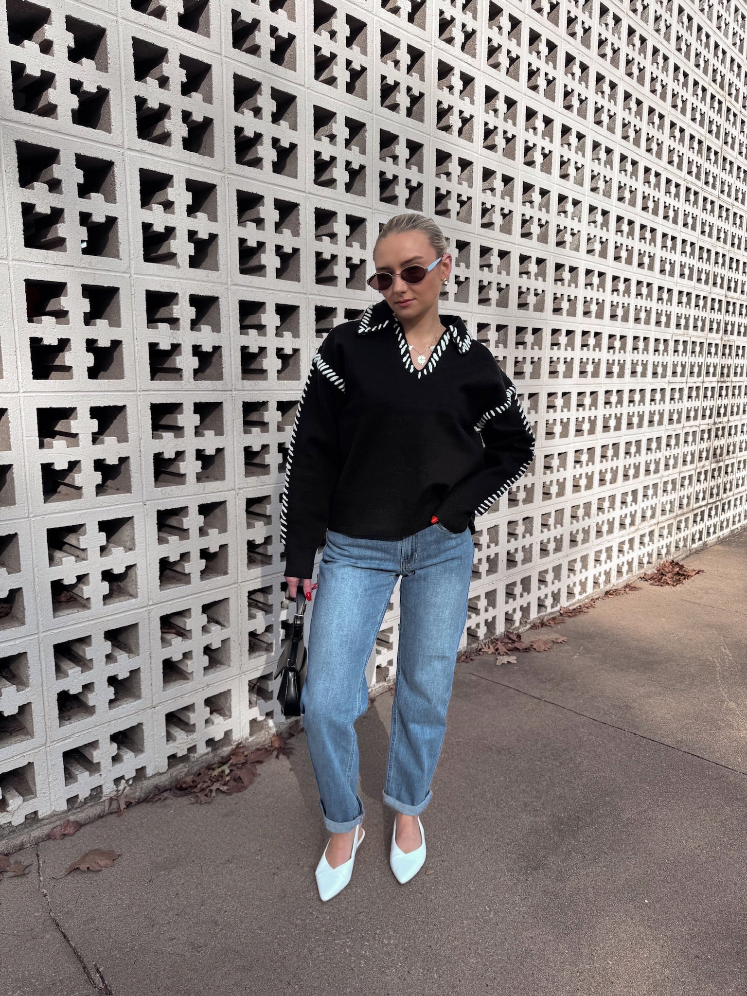 English Factory Stitch Detail Knit Collar Top