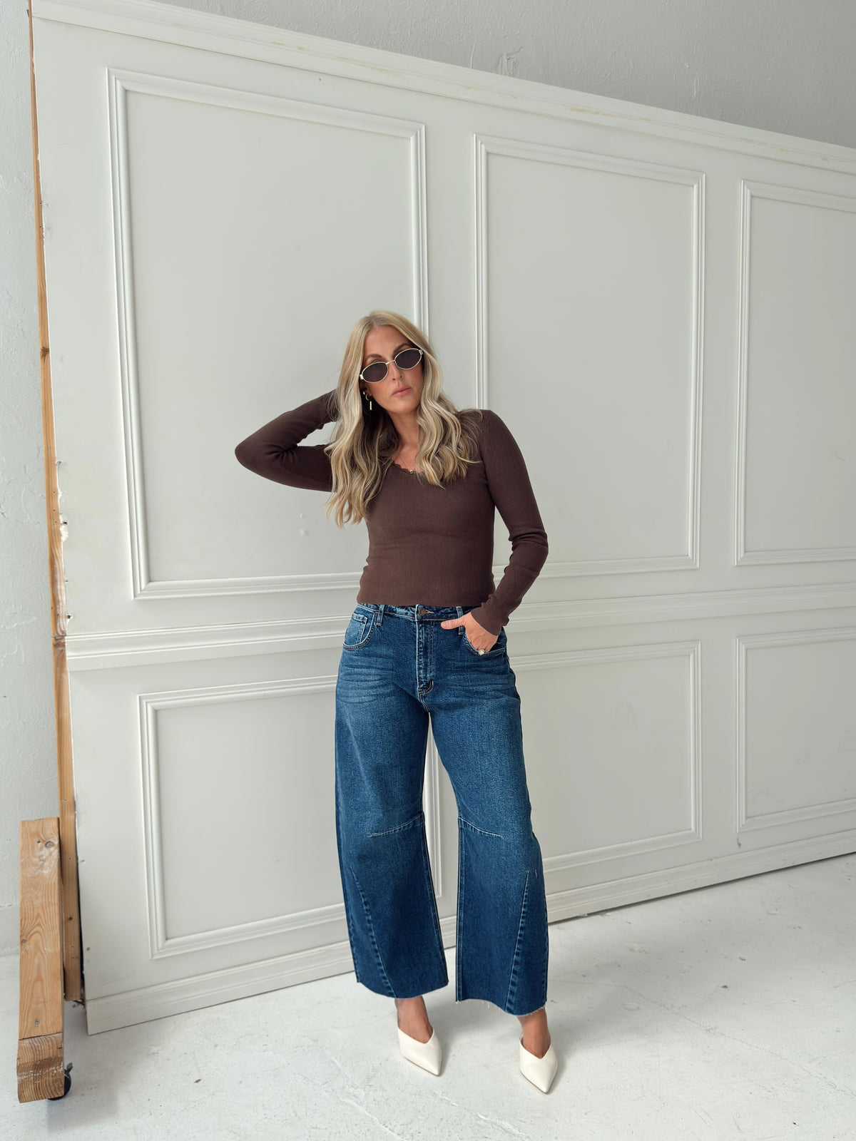 Presley Pointelle Rib Knit Sweater - Brown