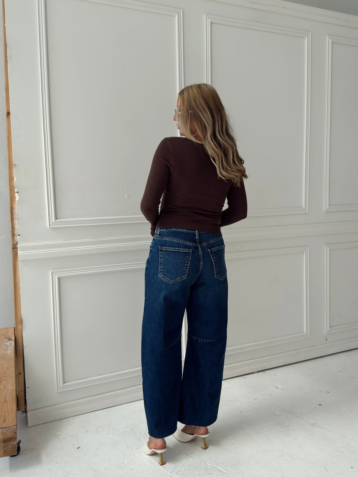 Presley Pointelle Rib Knit Sweater - Brown