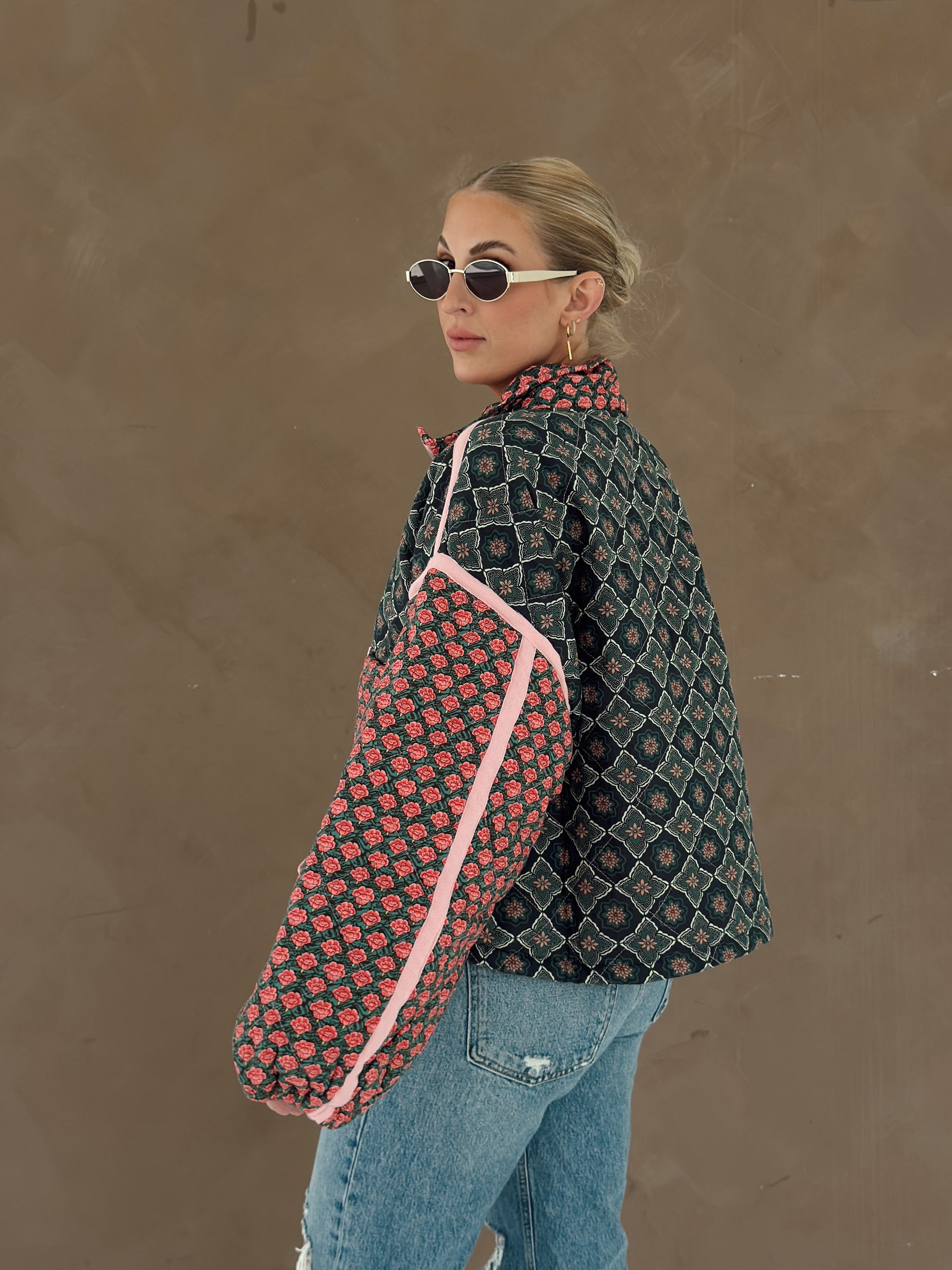 Quinn Quilted Bomber Jacket in Rose Garden