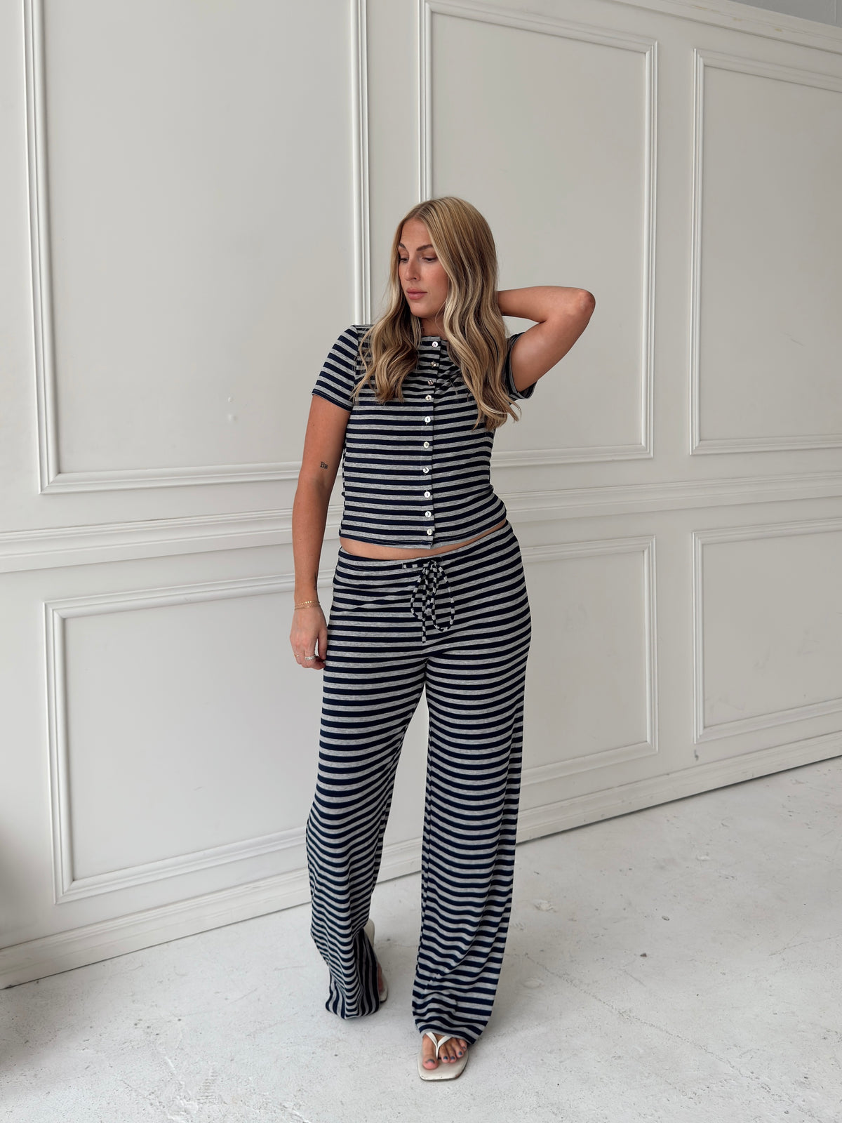 Brady Striped Button Up Top - Navy/Grey