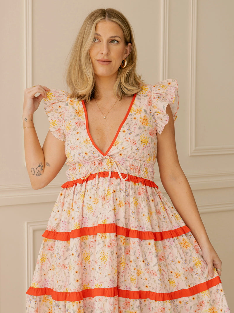 Pink Contrast Floral Midi Dress