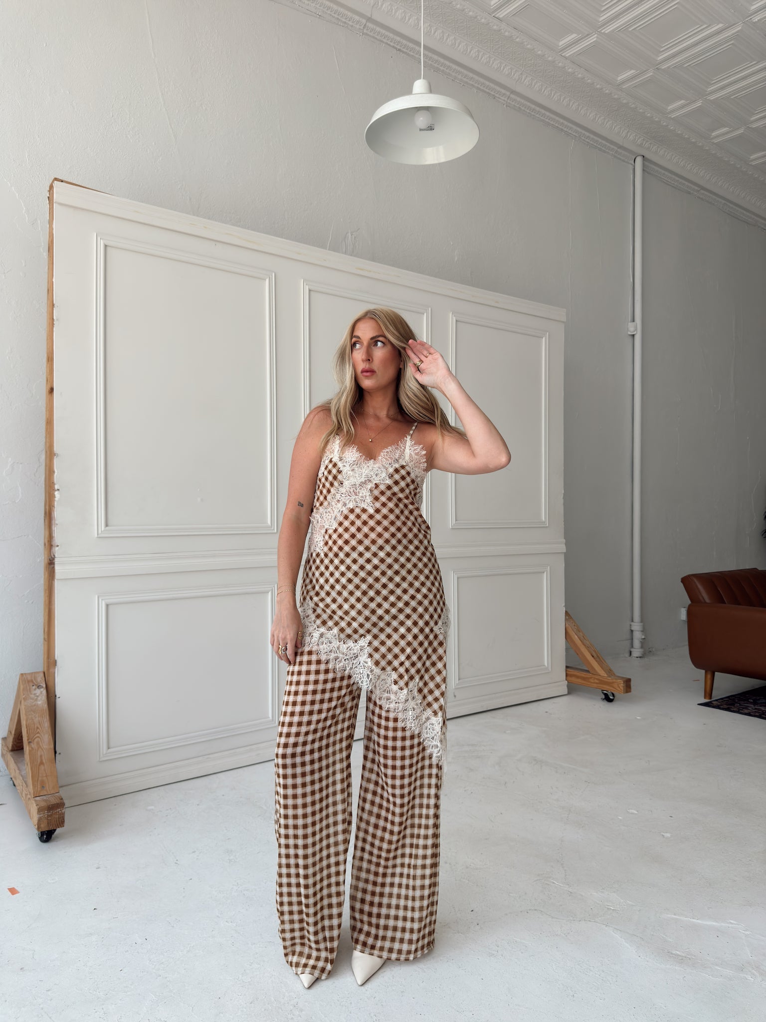 Georgia Gingham Lace Trim Set - Camel