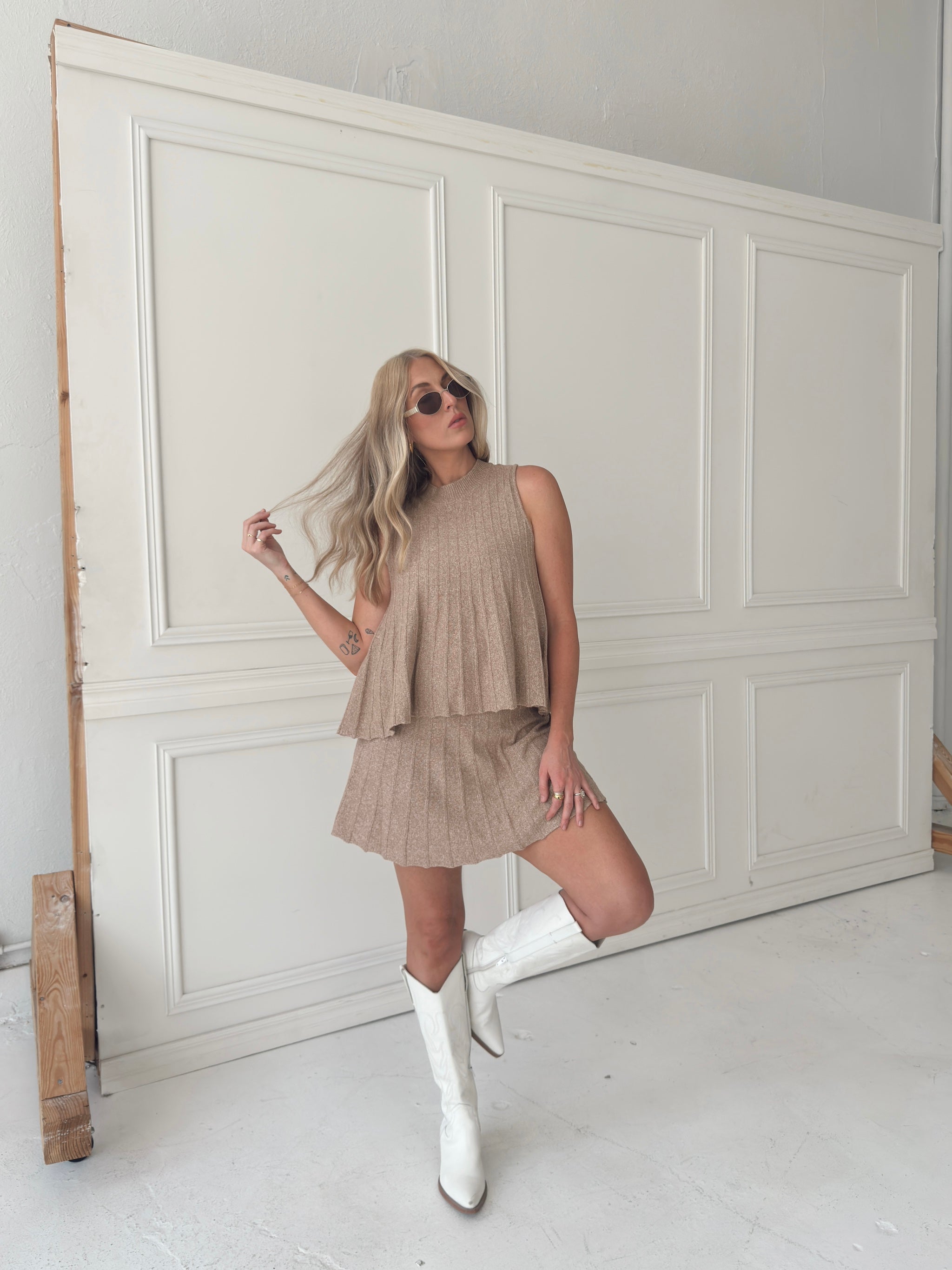 Rylan Ribbed Sweater A-line Mini Skirt With Flared Hem - Mocha