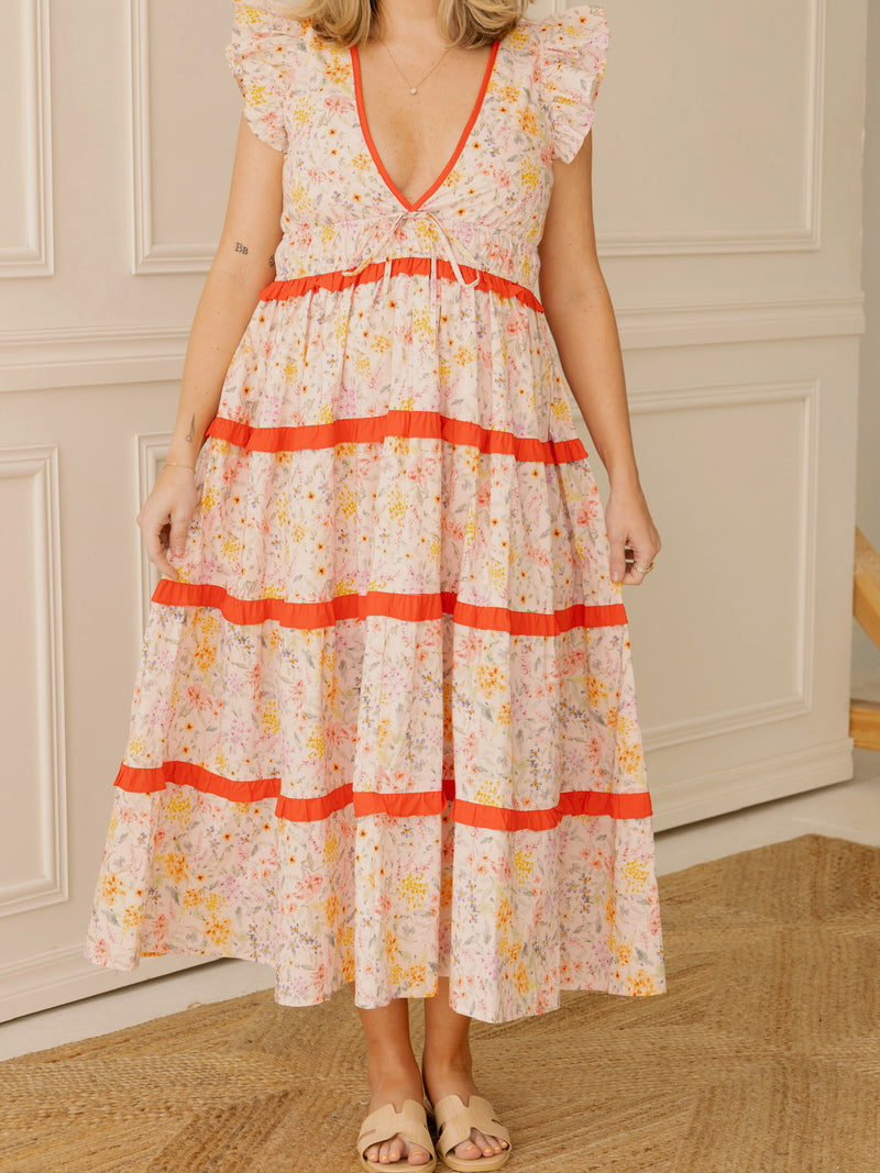 Pink Contrast Floral Midi Dress