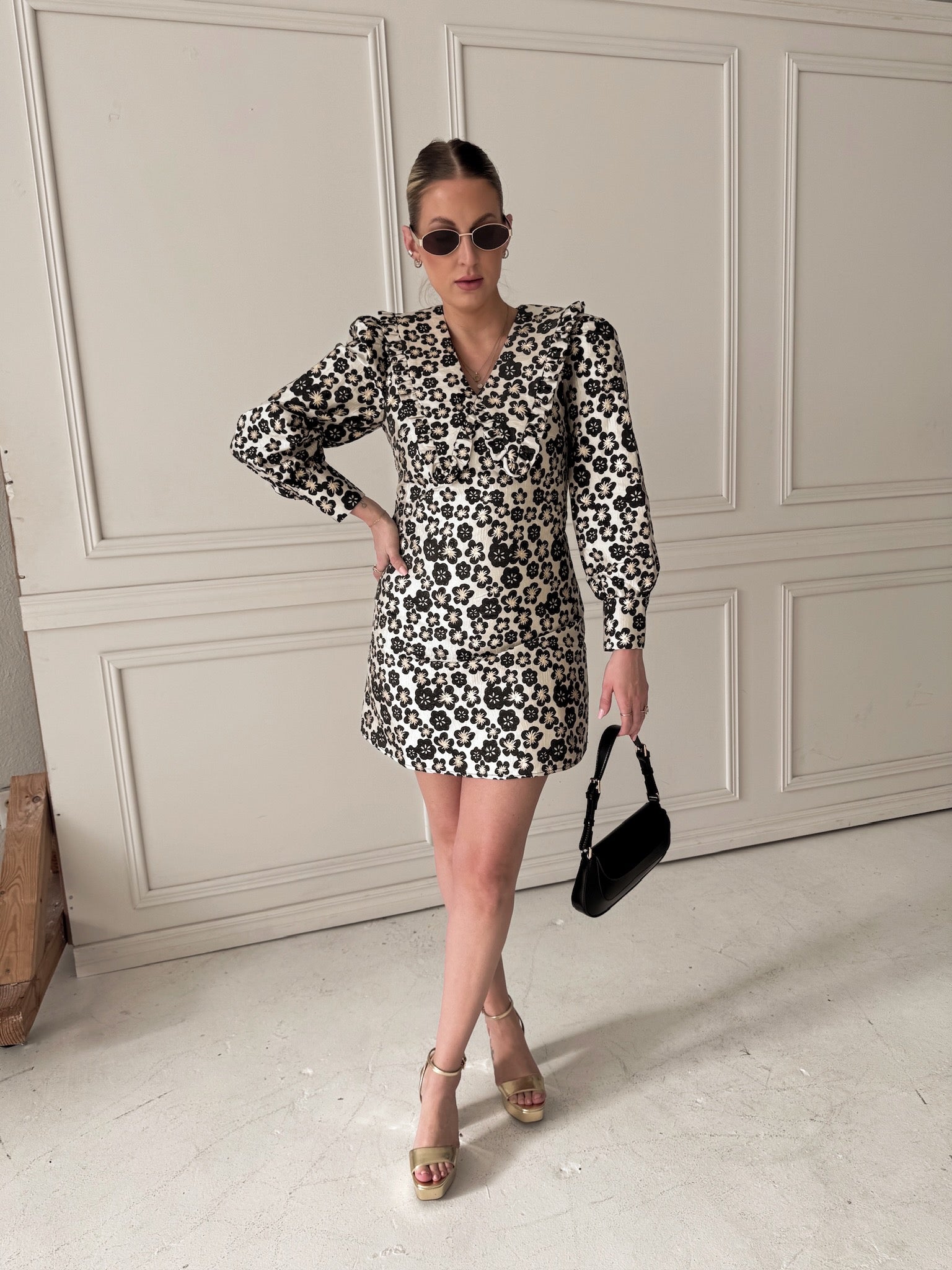 Meet Me in Santorini Black Jacquard Collared Dress