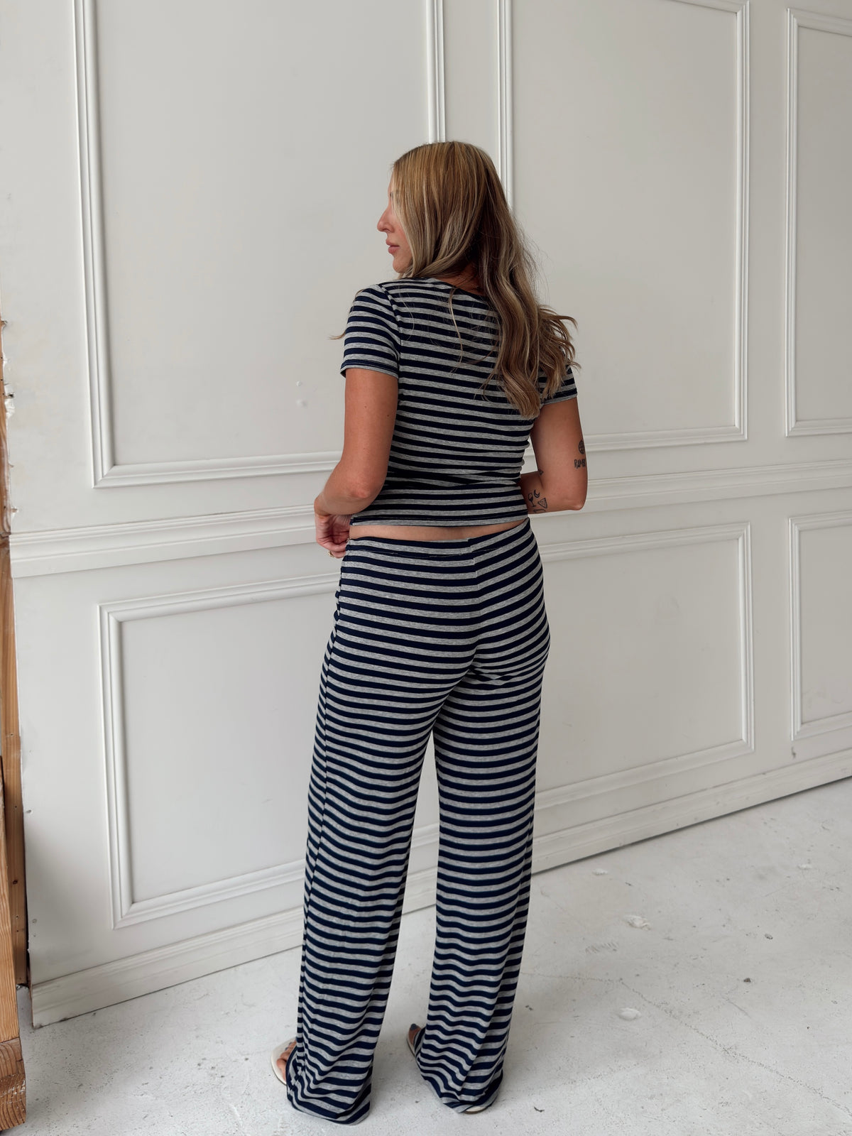 Brady Striped Button Up Top - Navy/Grey