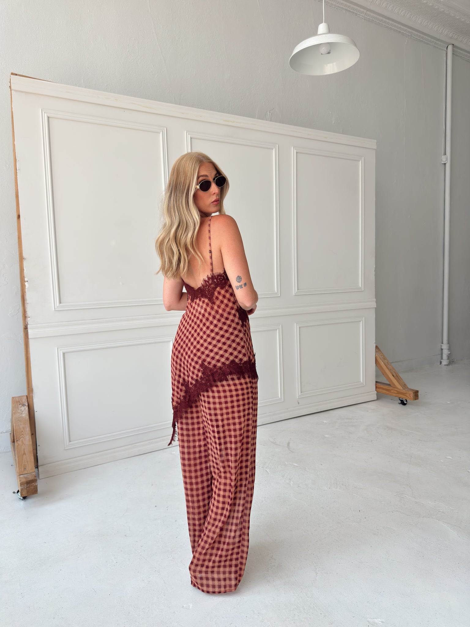 Georgia Gingham Lace Trim Set - Maroon