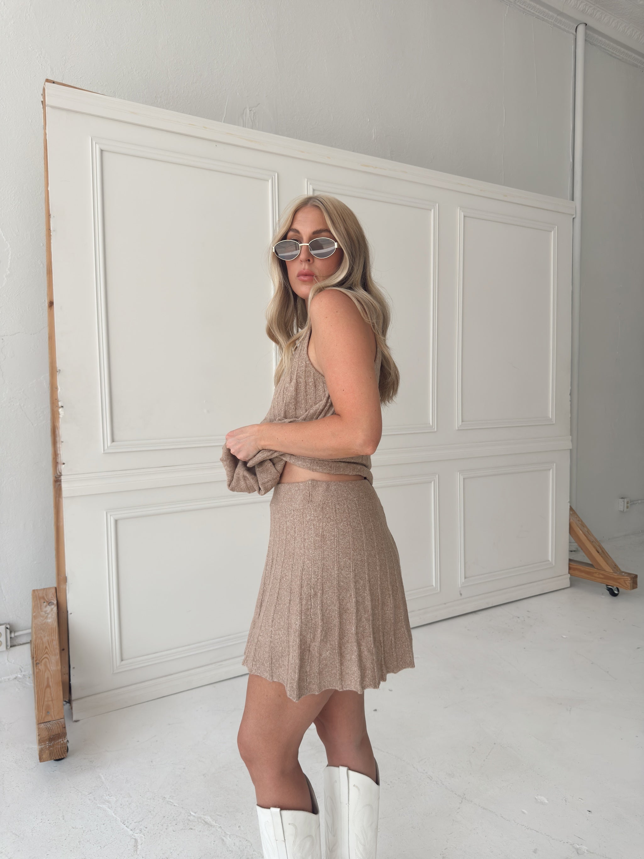 Rylan Ribbed Sweater A-line Mini Skirt With Flared Hem - Mocha