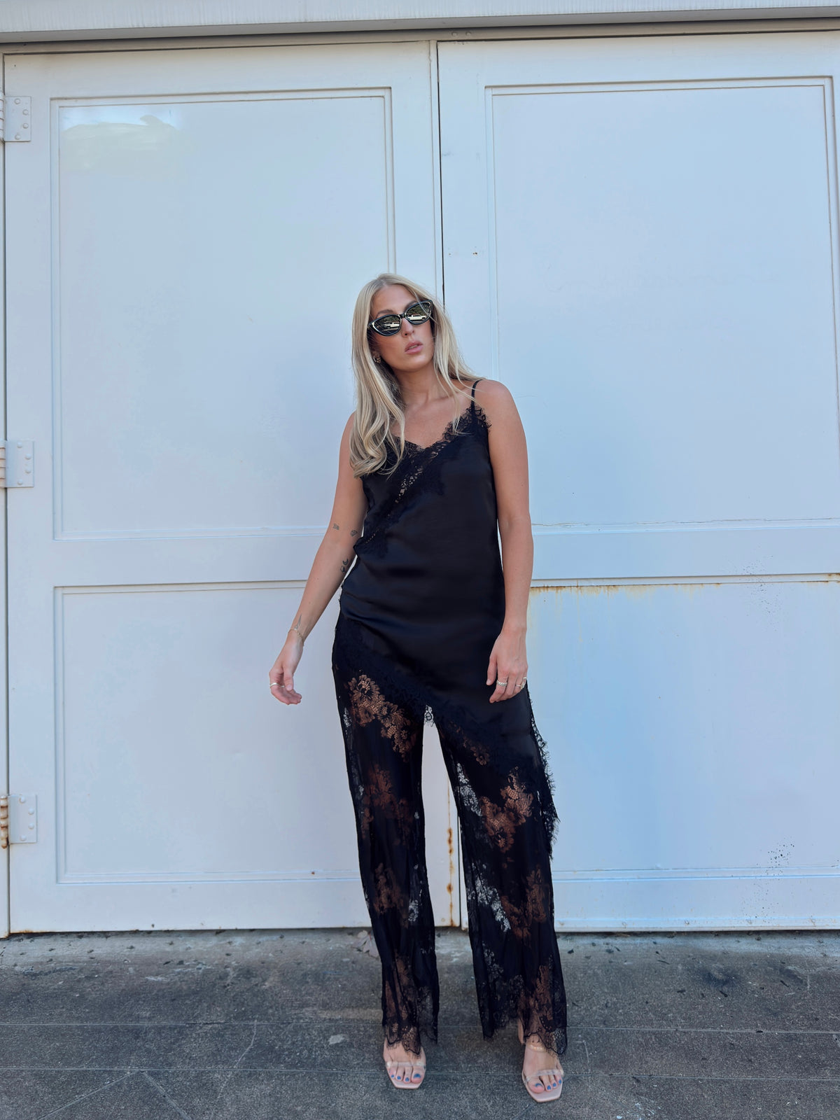 Maia Satin Lace Trim Set - Black