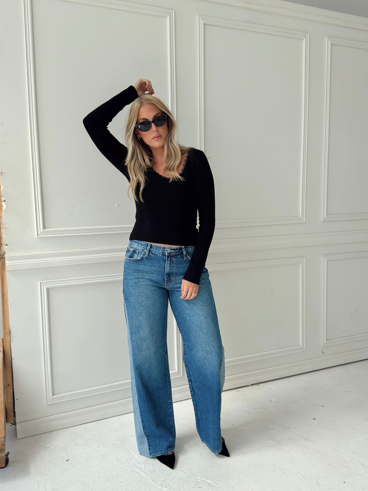 Presley Pointelle Rib Knit Sweater - Black