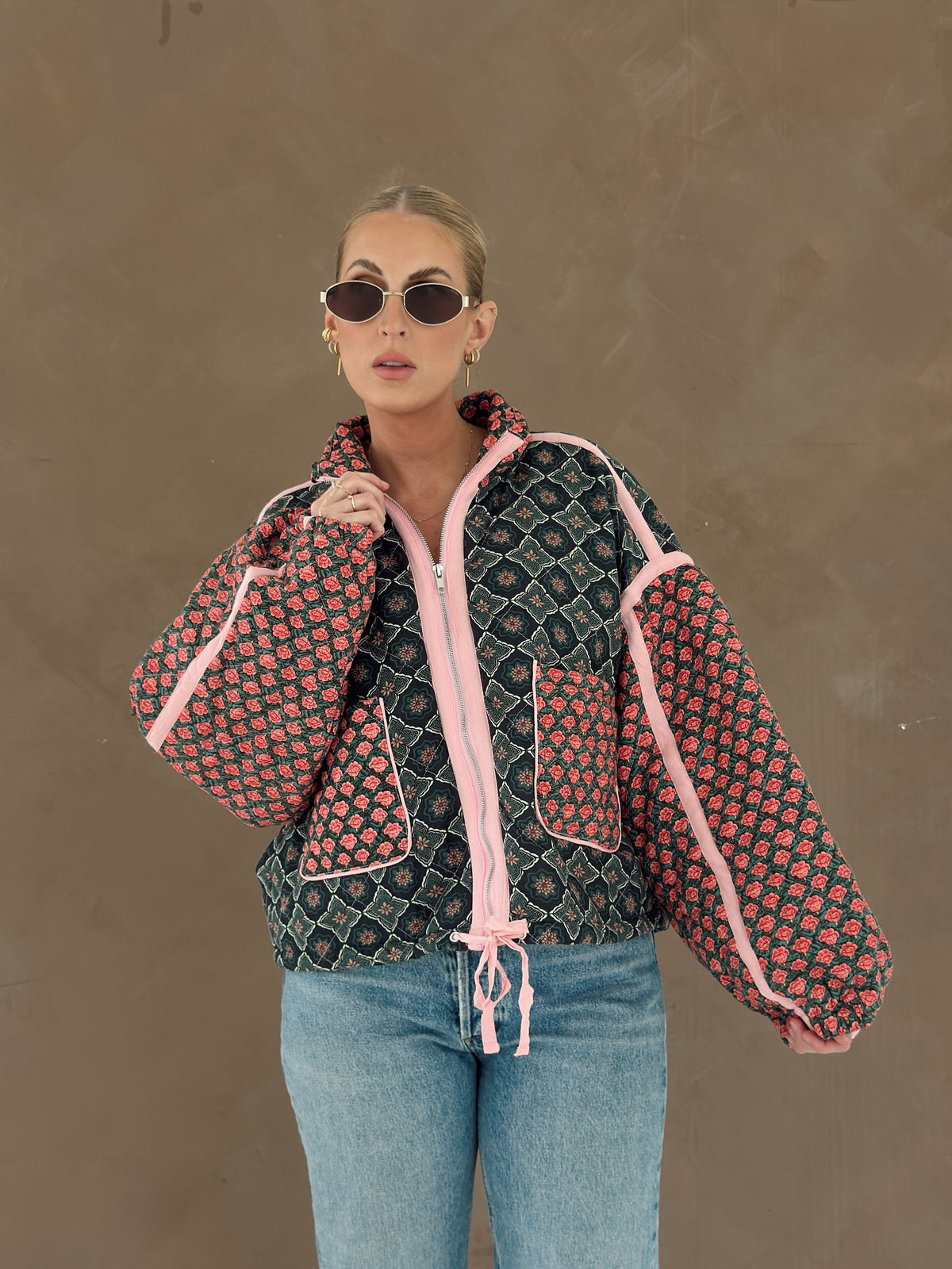 Quinn Quilted Bomber Jacket in Rose Garden