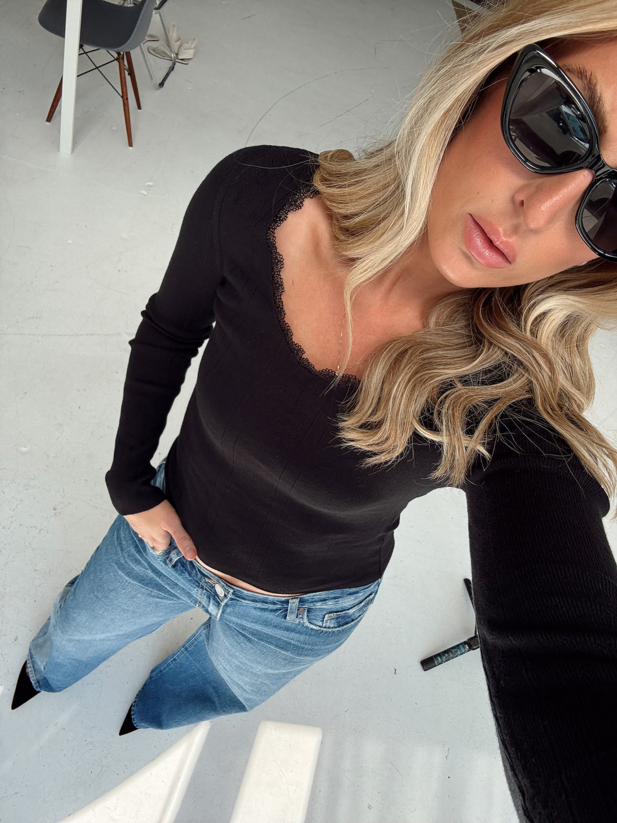Presley Pointelle Rib Knit Sweater - Black