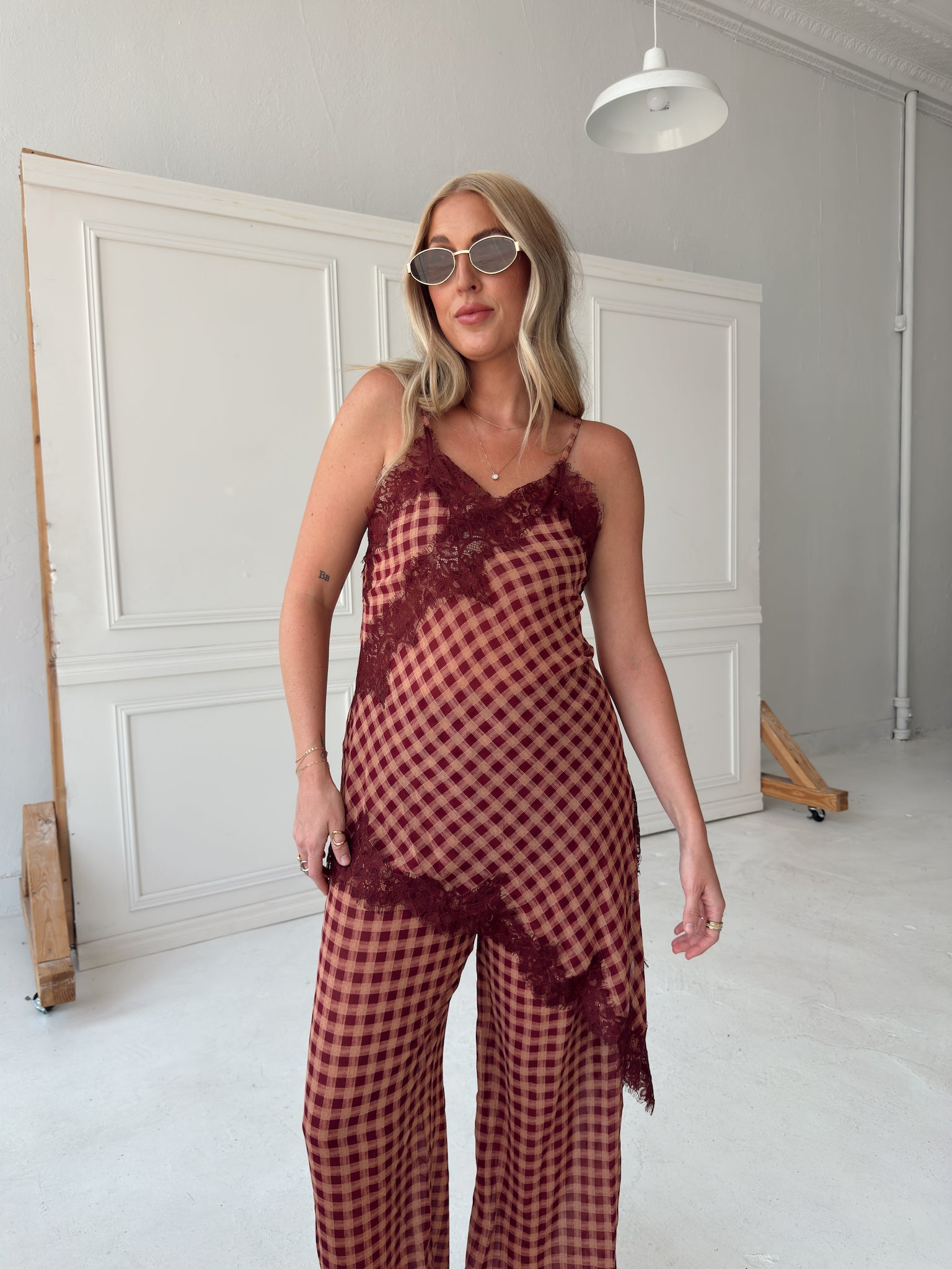 Georgia Gingham Lace Trim Set - Maroon