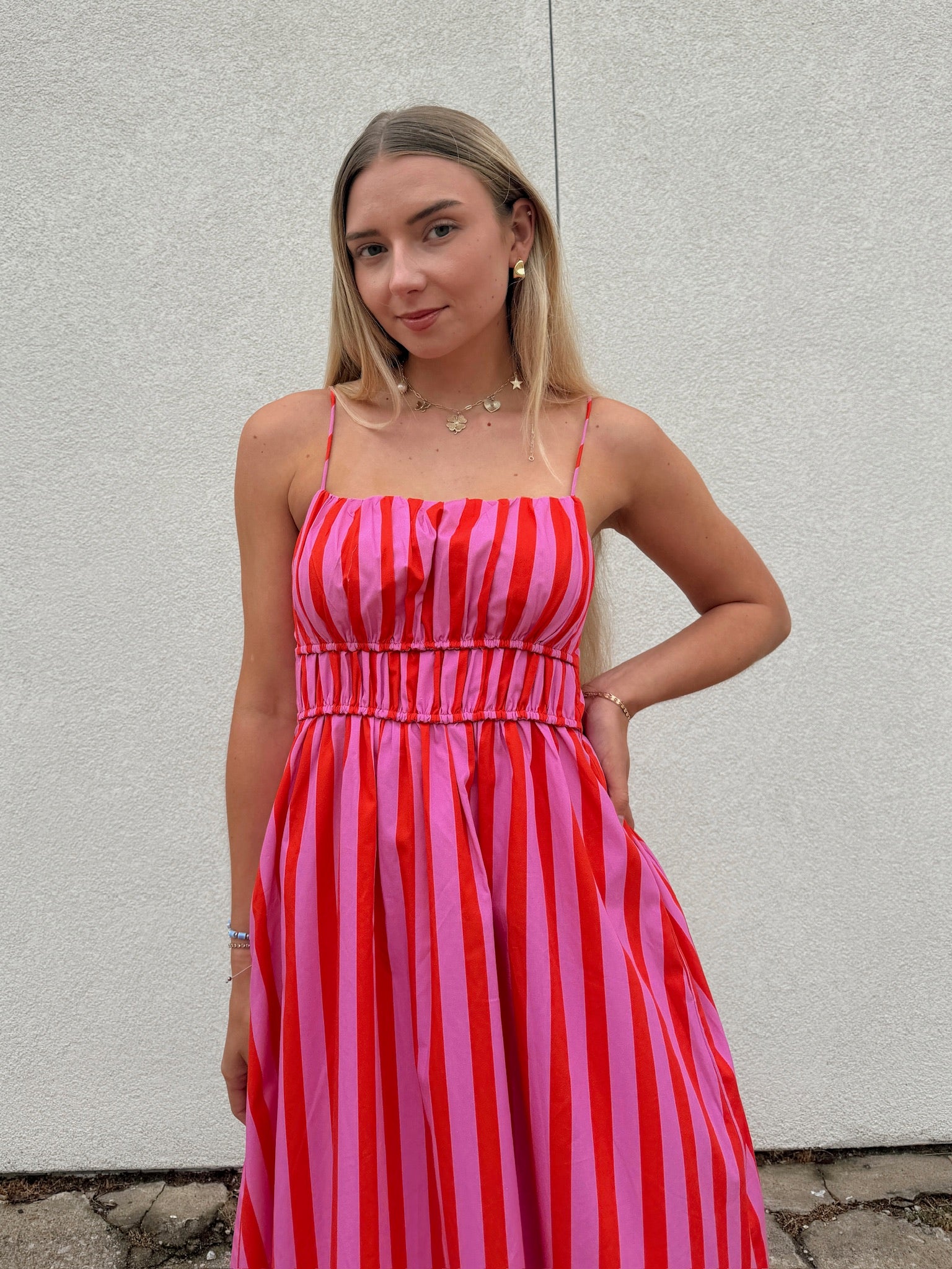 English Factory Striped Smocked Waist Midi Dress - Pink/Red