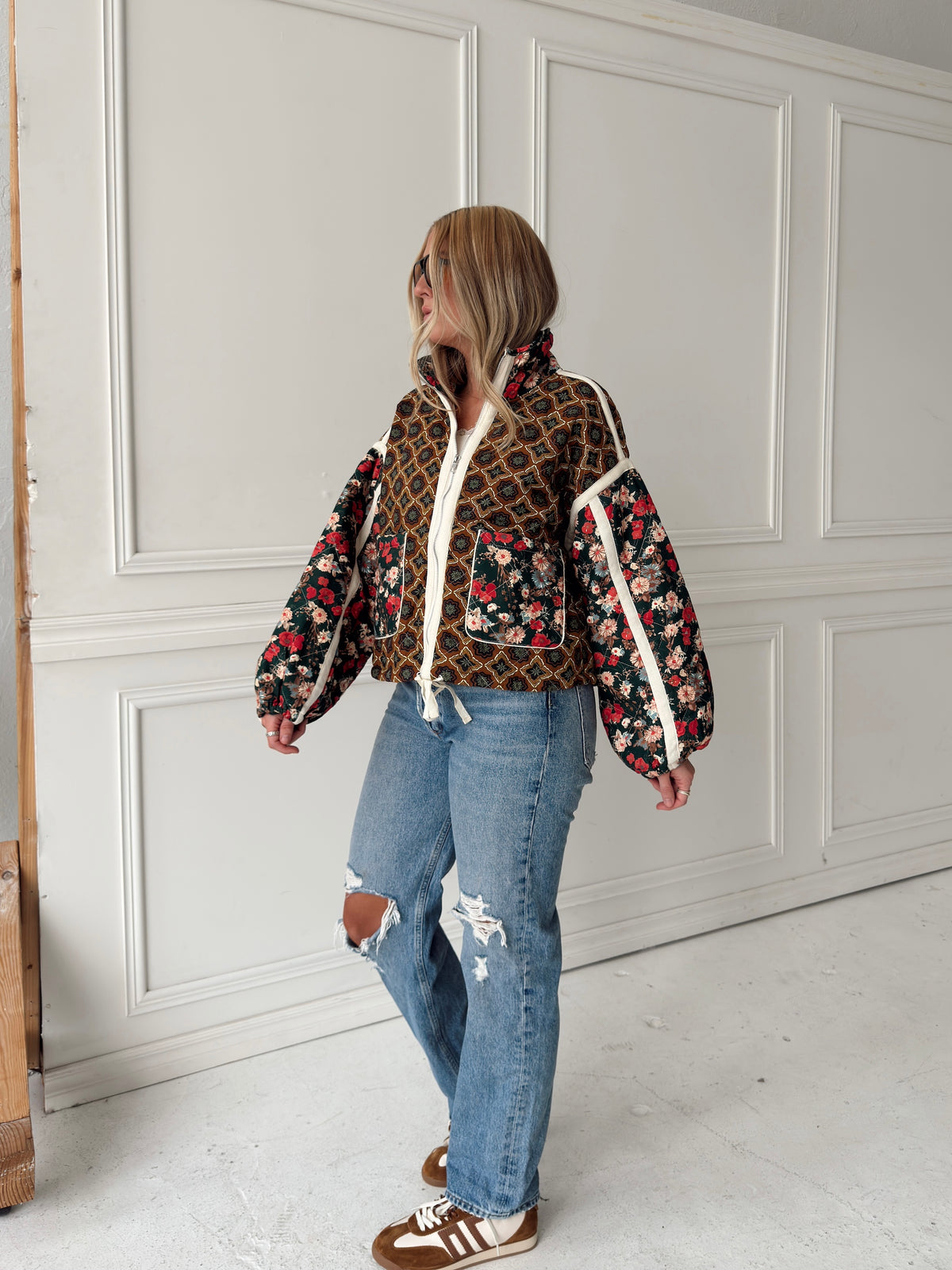 Quinn Quilted Bomber Jacket in Brown