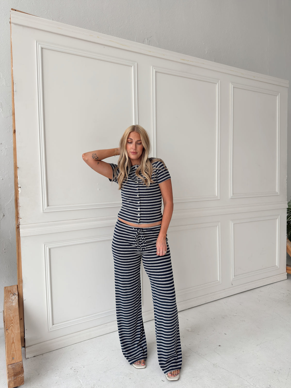 Brady Striped Button Up Top - Navy/Grey