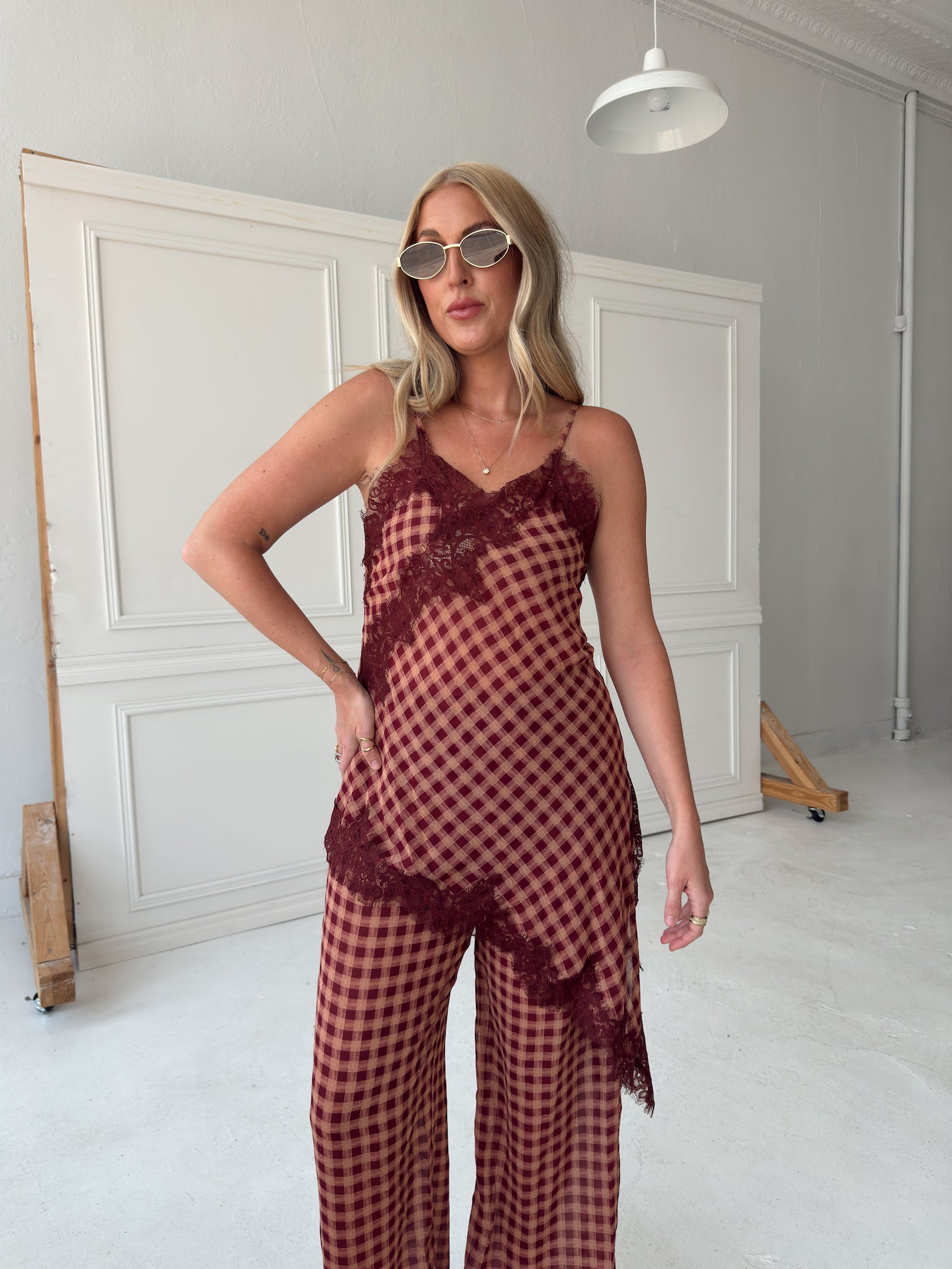 Georgia Gingham Lace Trim Set - Maroon