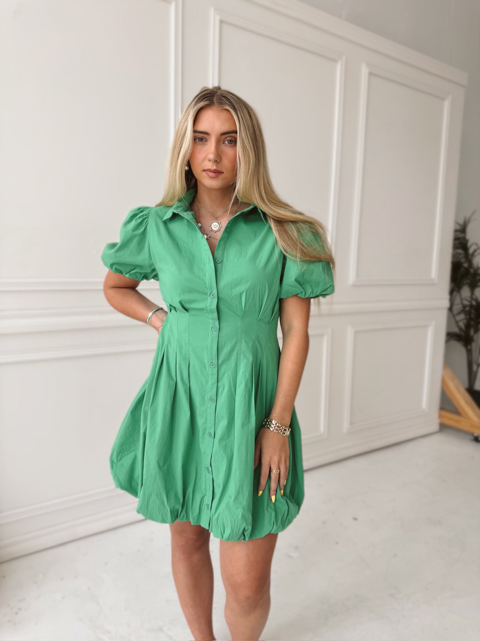 Piper Puff Sleeve Green Mini Dress